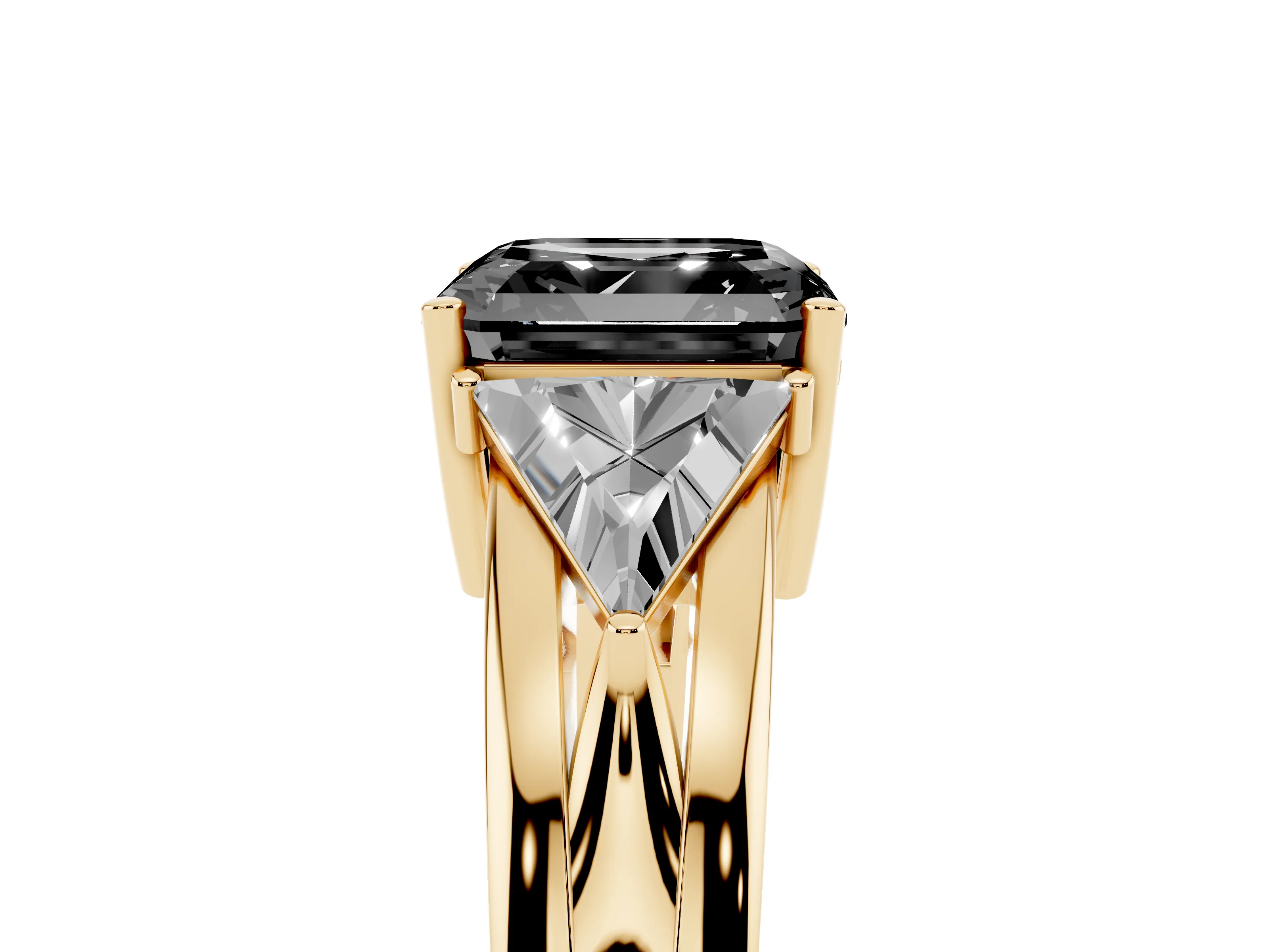 Fancy Black Asscher Cut Diamond Three-Stone Ring Set in Yellow gold with Trillion Side Stones and Split Shank