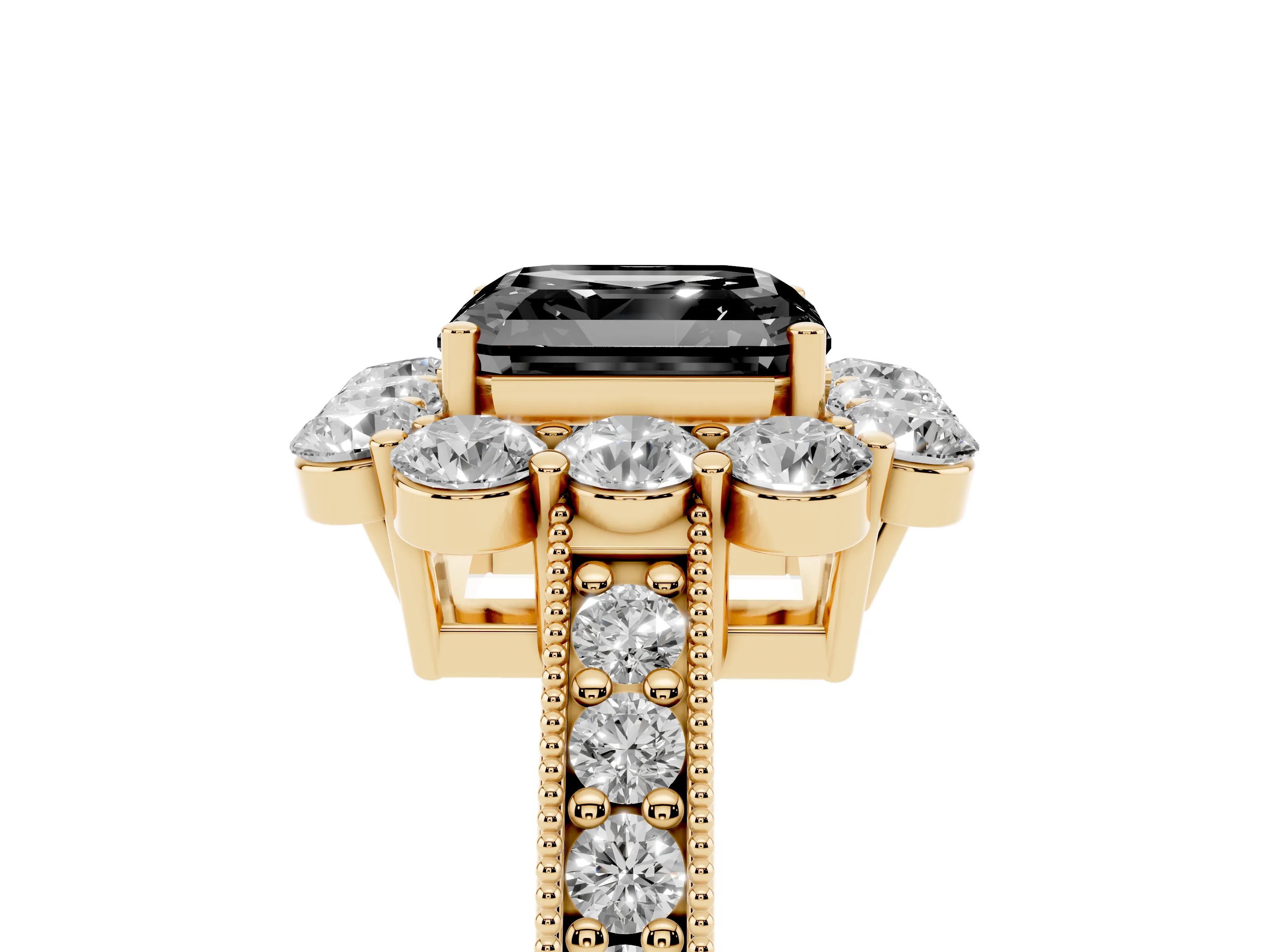 Fancy Black Asscher Cut Diamond Halo Pavé Engagement Ring Set in Yellow gold with Milgrain Detailing