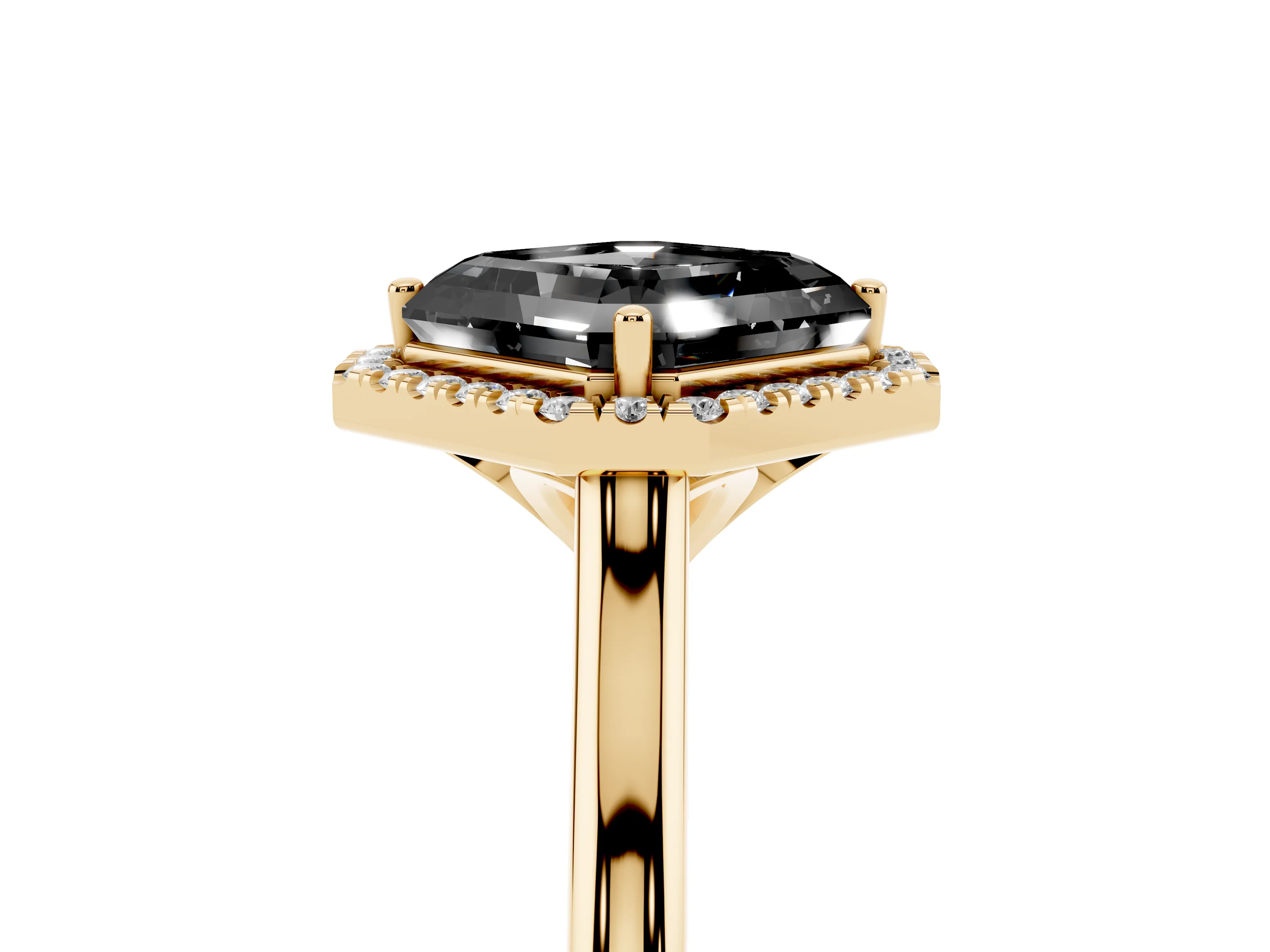 Fancy Black Asscher Cut Diamond Halo Engagement Ring Set in Yellow gold with Pavé Band and Rising Shoulders