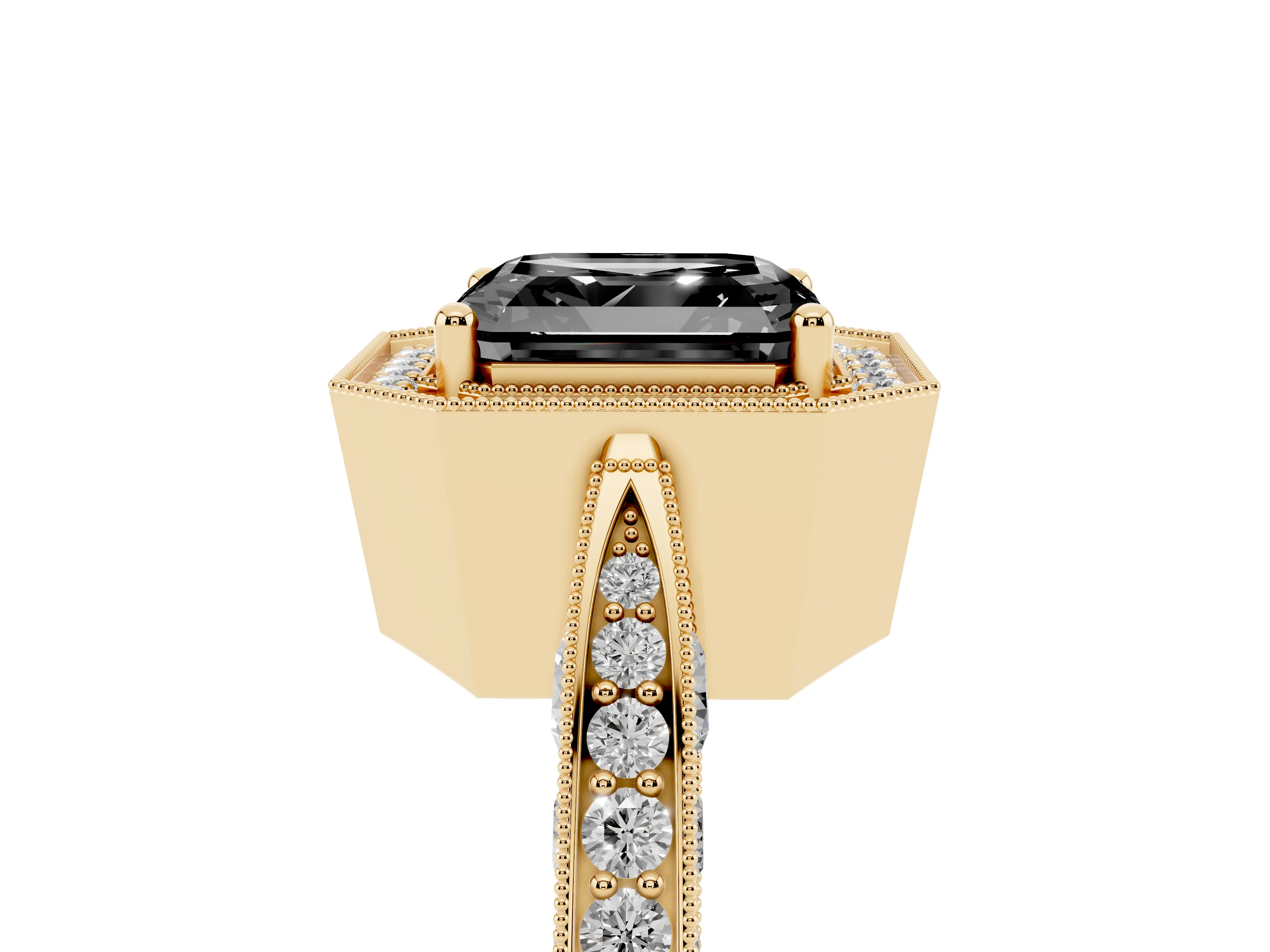 Fancy Black Asscher Cut Diamond Halo Engagement Ring Set in Yellow gold with Accent Split Shank Band