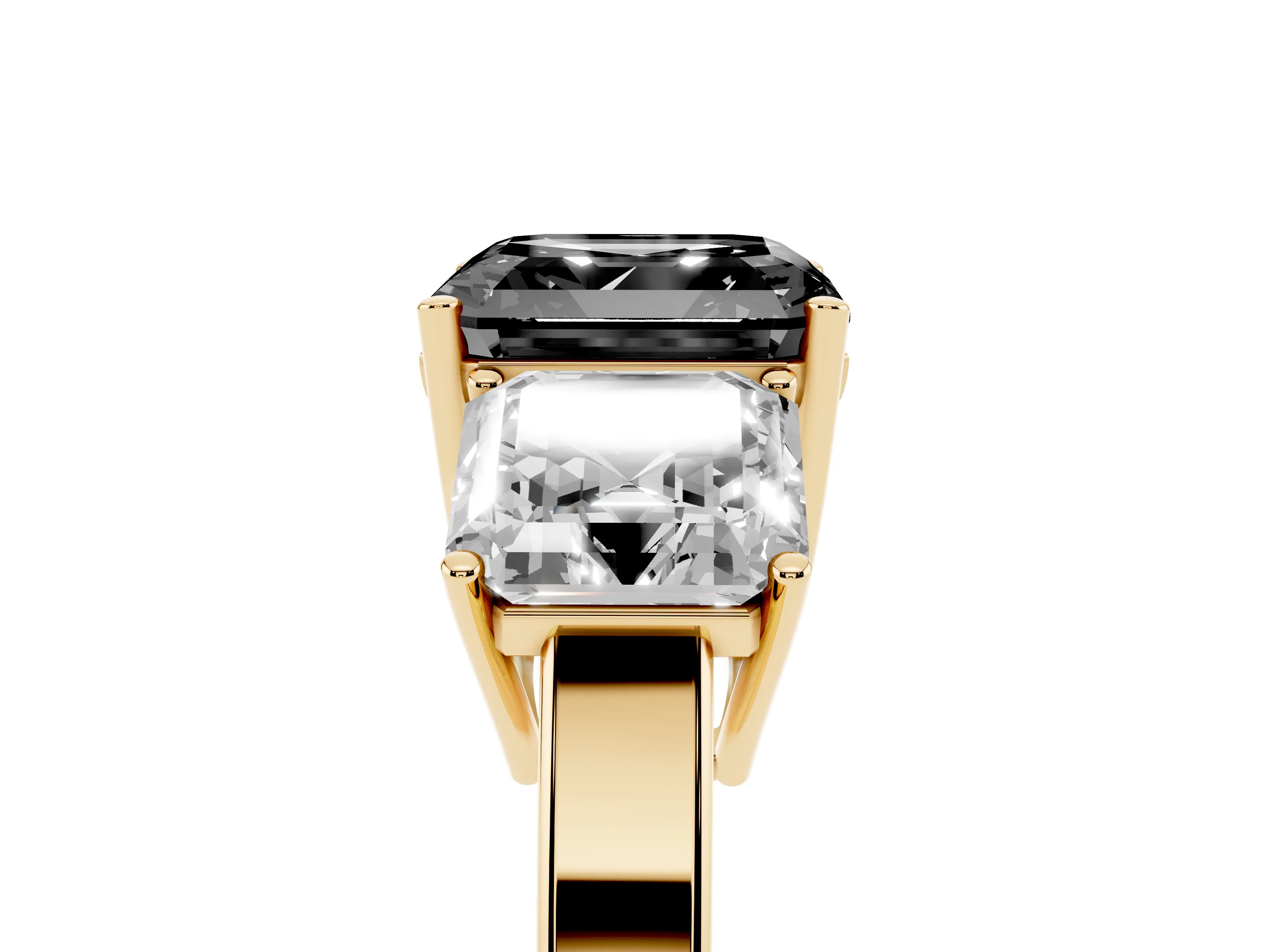 Fancy Black Asscher Cut Diamond Three-Stone Engagement Ring Set in Yellow gold with Flat Band