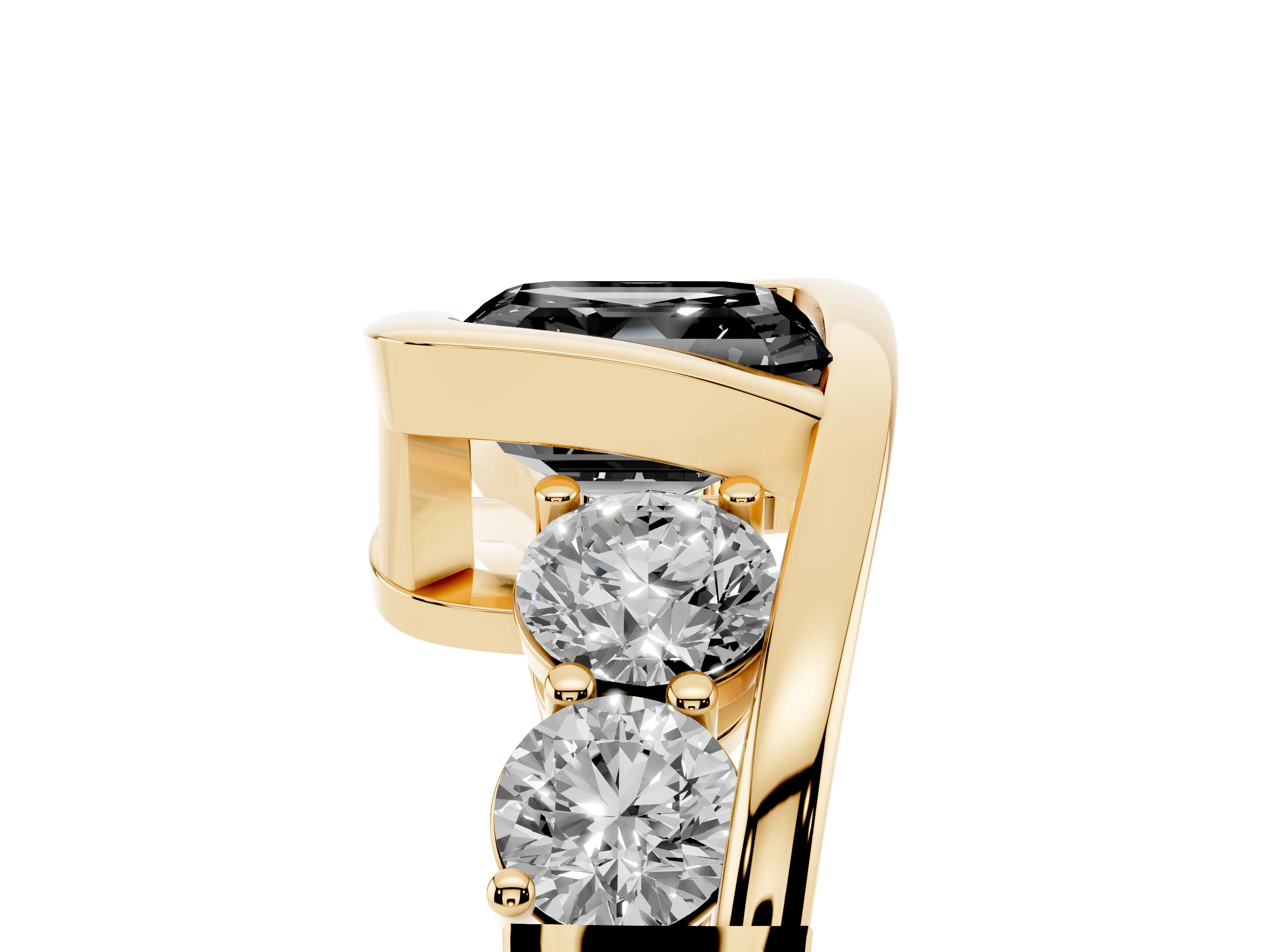 Fancy Black Asscher Cut Diamond Bezel Bypass Ring Set in Yellow gold with Round Accents