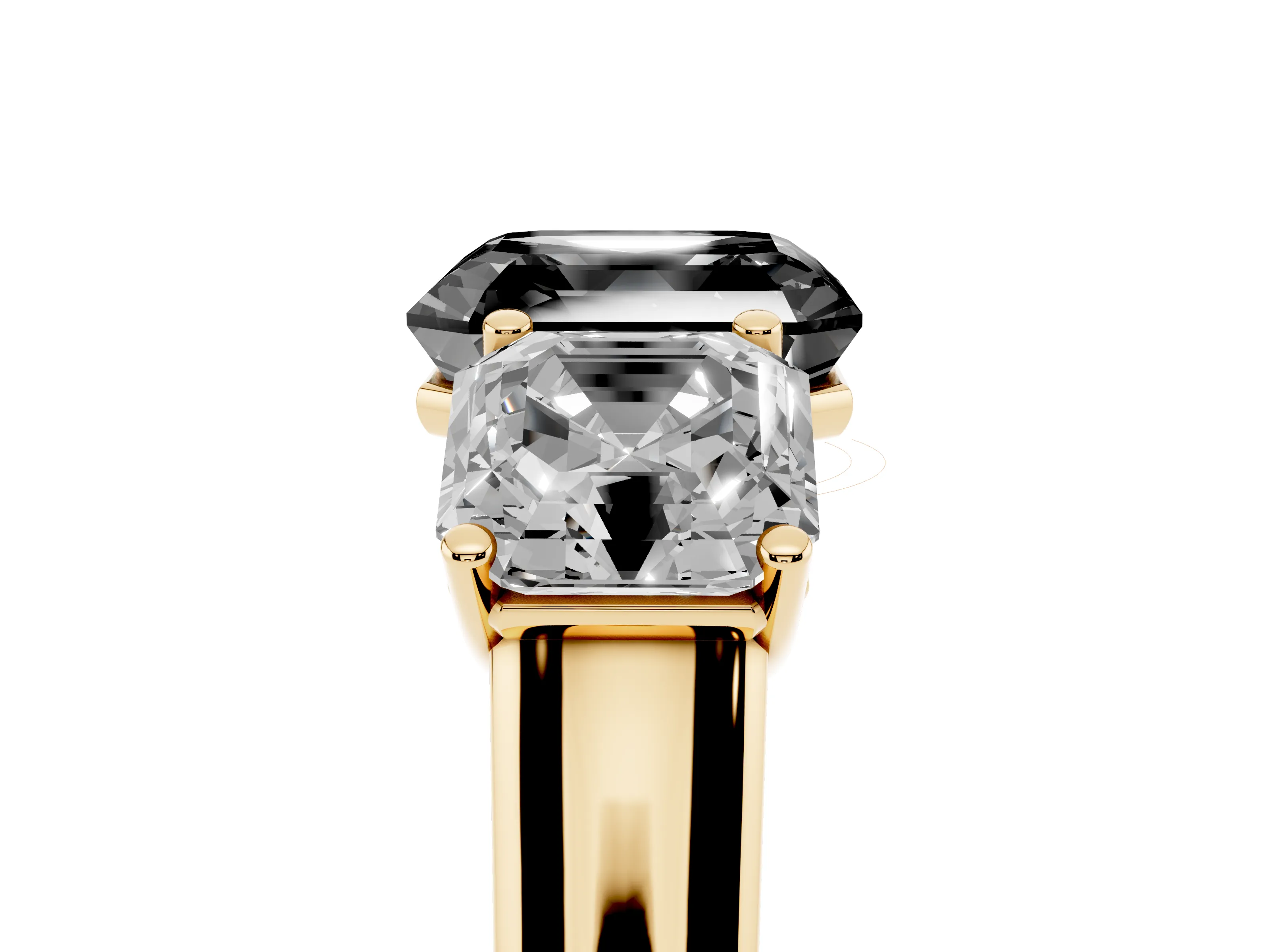 Fancy Black Asscher Cut Diamond Three-Stone Ring Set in Yellow gold with Plain Polished Band