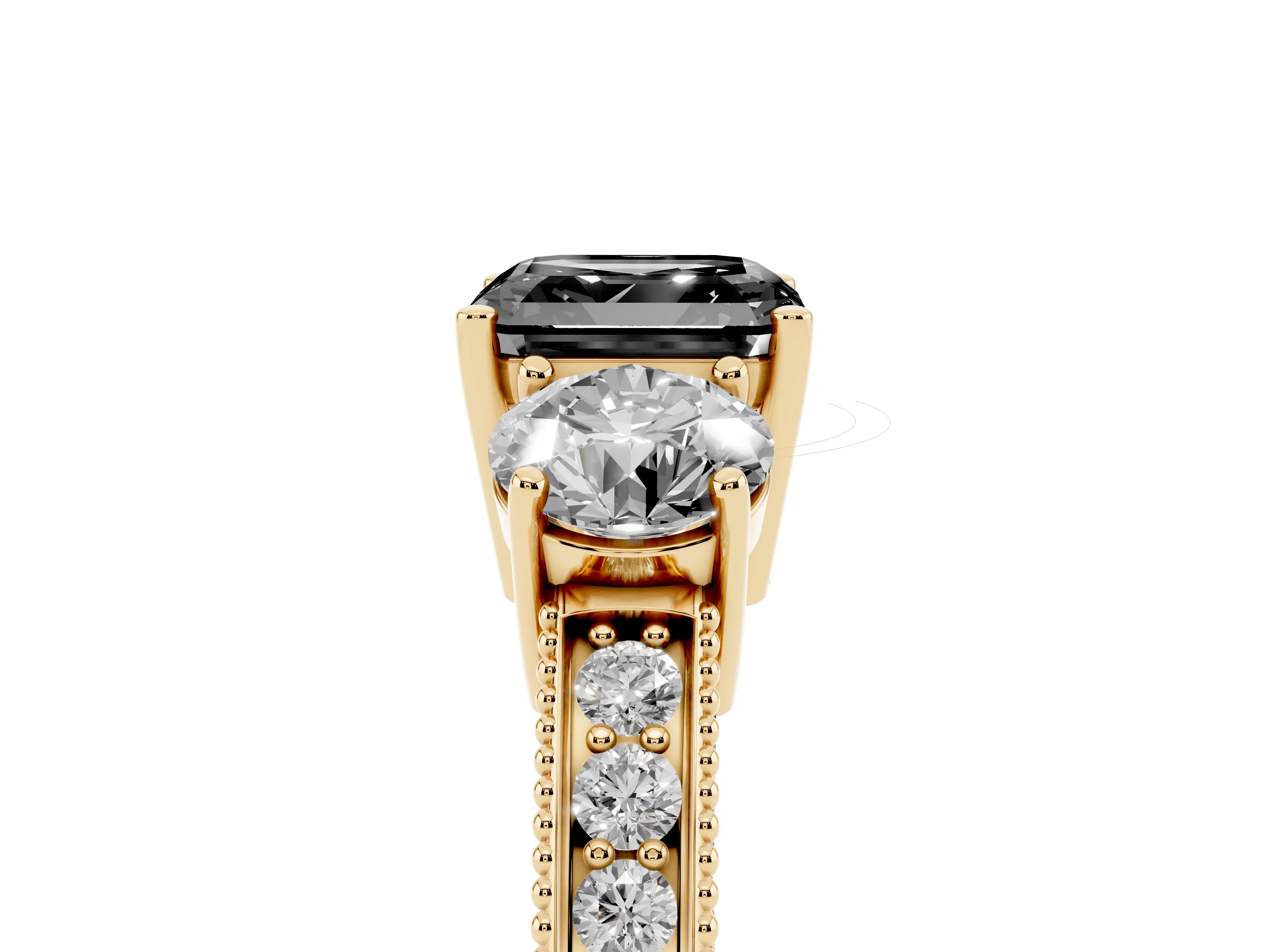Fancy Black Asscher Cut Diamond Three-Stone Ring Set in Yellow gold with Round Side Stones and Pavé Band