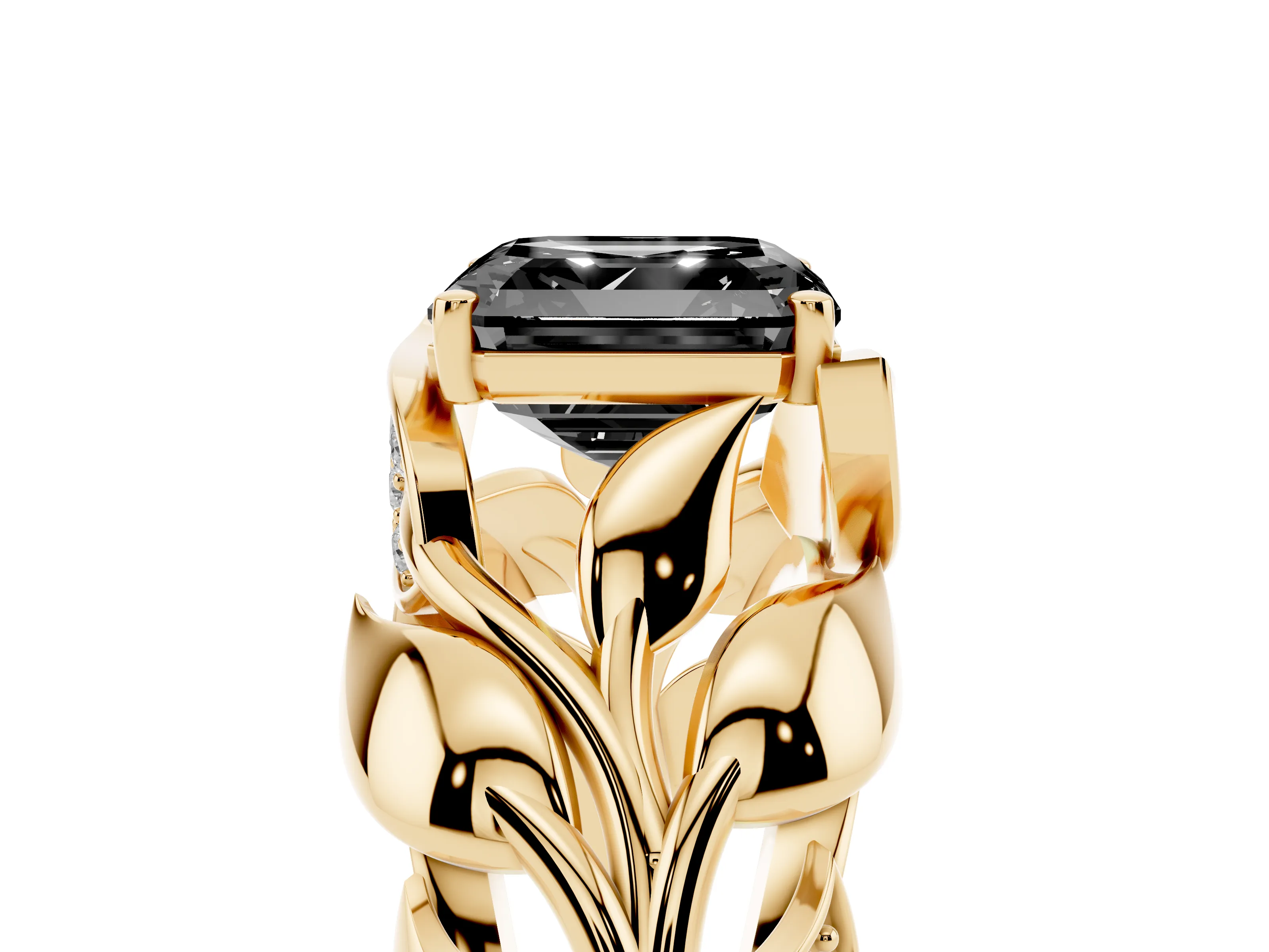 Fancy Black Asscher Cut Diamond Leaf-Inspired Engagement Ring Set in Yellow gold with Round Accents