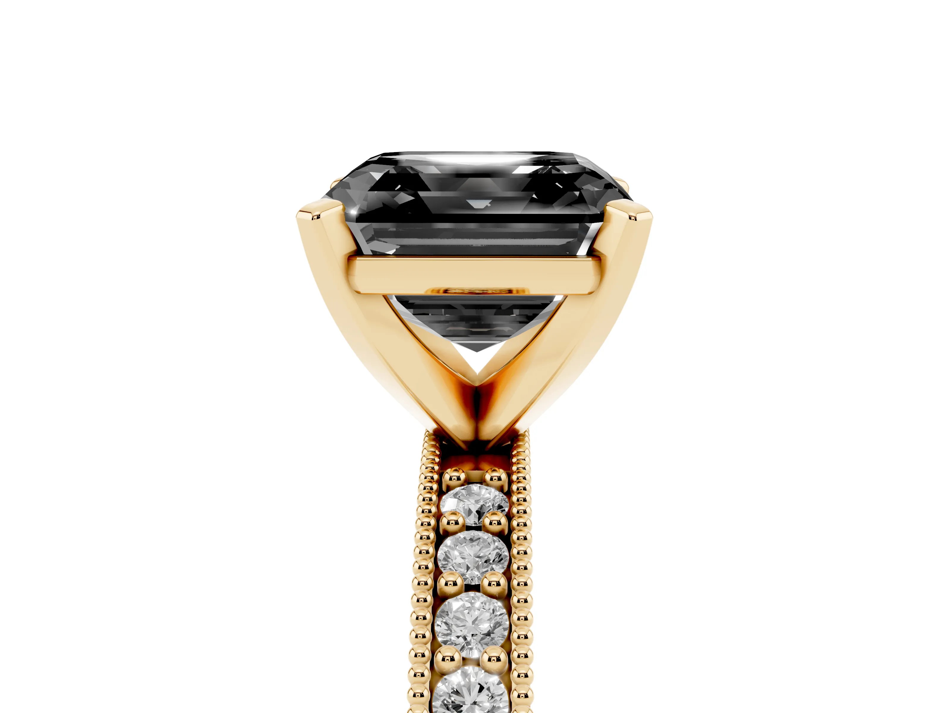 Fancy Black Asscher Cut Diamond Milgrain Pavé Engagement Ring Set in Yellow gold with Prong Setting