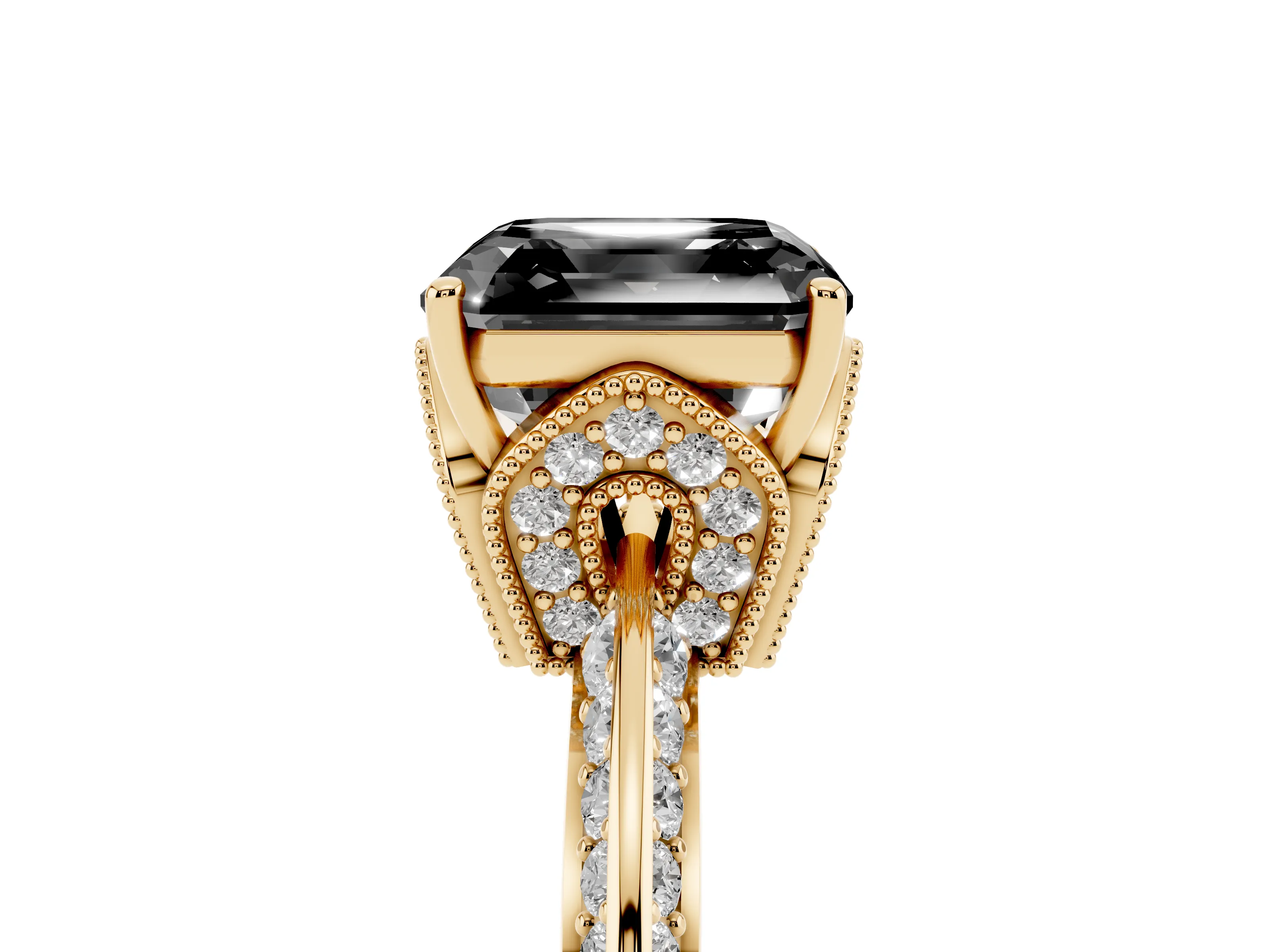 Fancy Black Asscher Cut Diamond Solitaire Engagement Ring Set in Yellow gold with Pavé Split Shank and Prong Setting