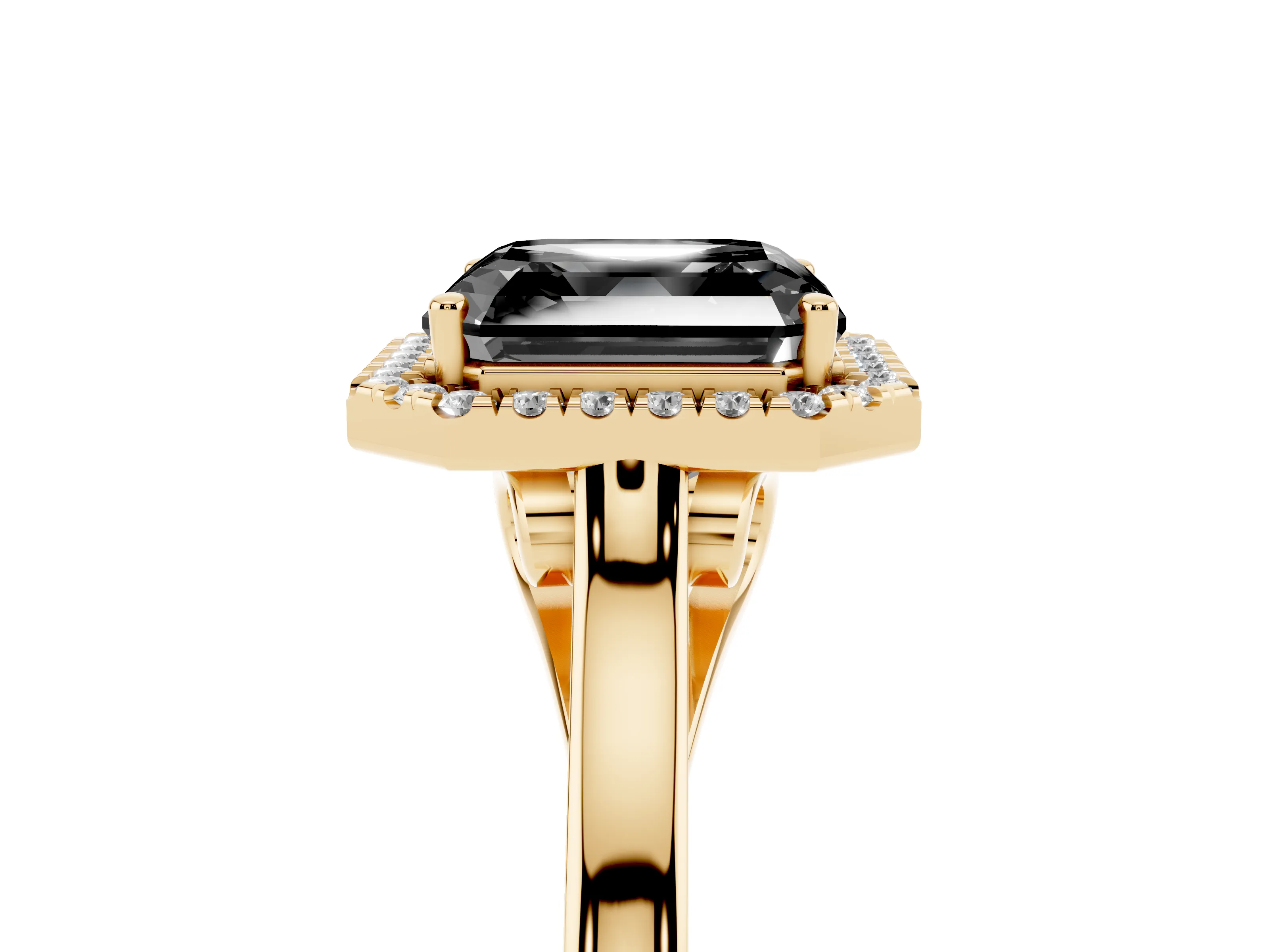 Fancy Black Asscher Cut Halo Round Diamond Solitaire Ring Set in Yellow gold with Pavé Band and Prong Setting