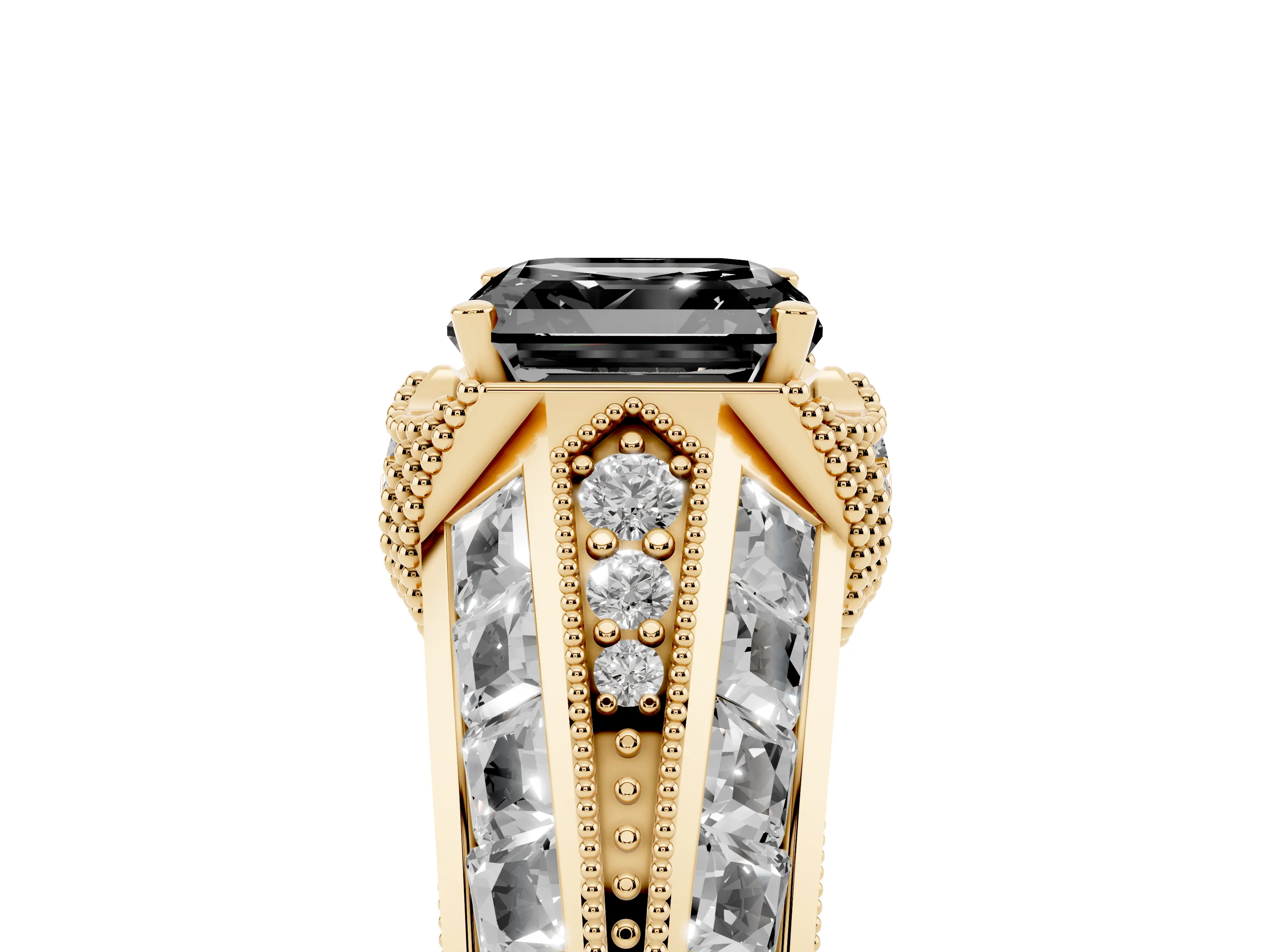 Fancy Black Asscher Cut Diamond Vintage-Inspired Milgrain Ring Set in Yellow gold with Accent Split Shank