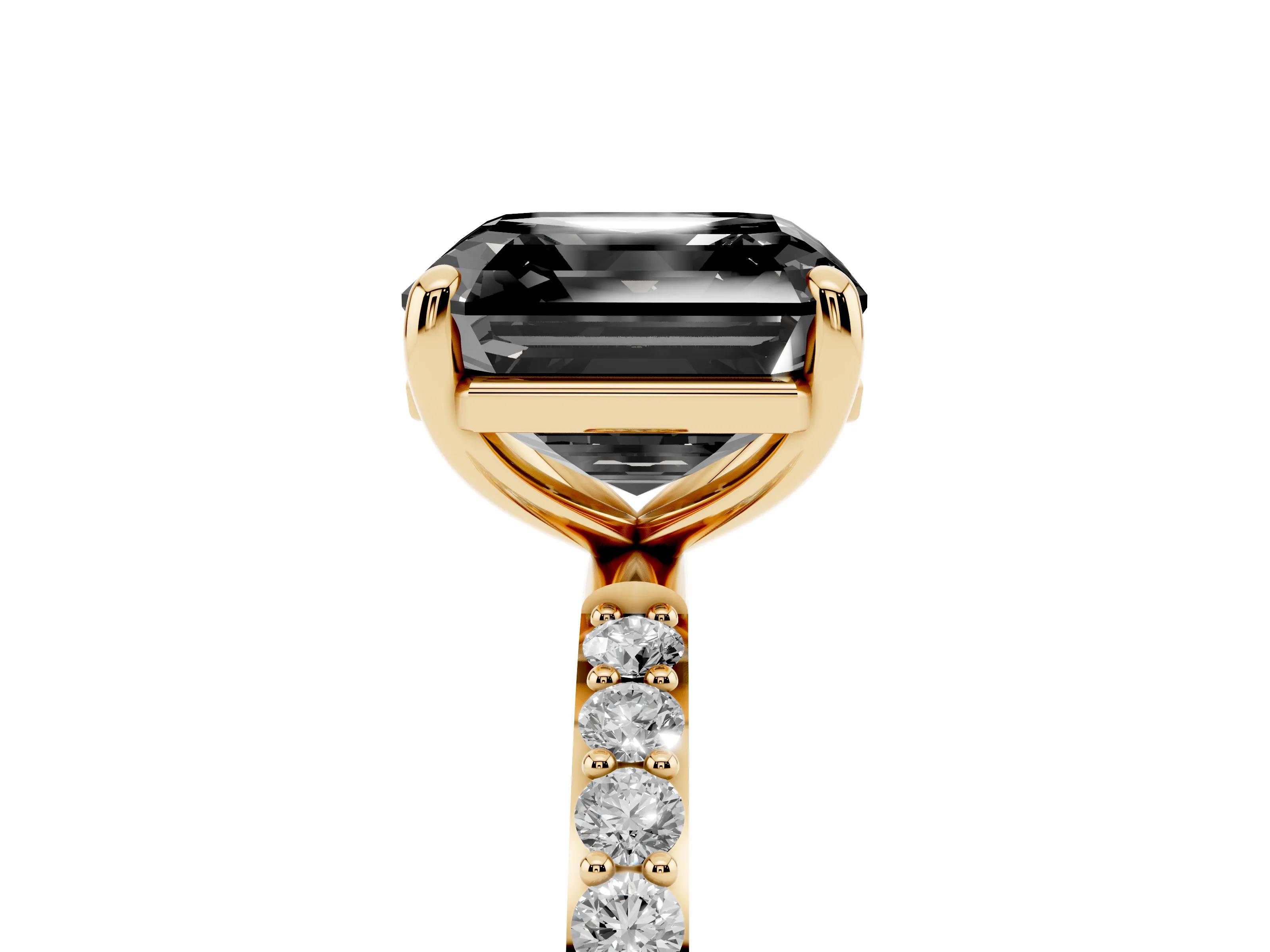 Fancy Black Asscher Cut Diamond Solitaire Ring Set in Yellow gold with Round Pavé Band and Prong Setting