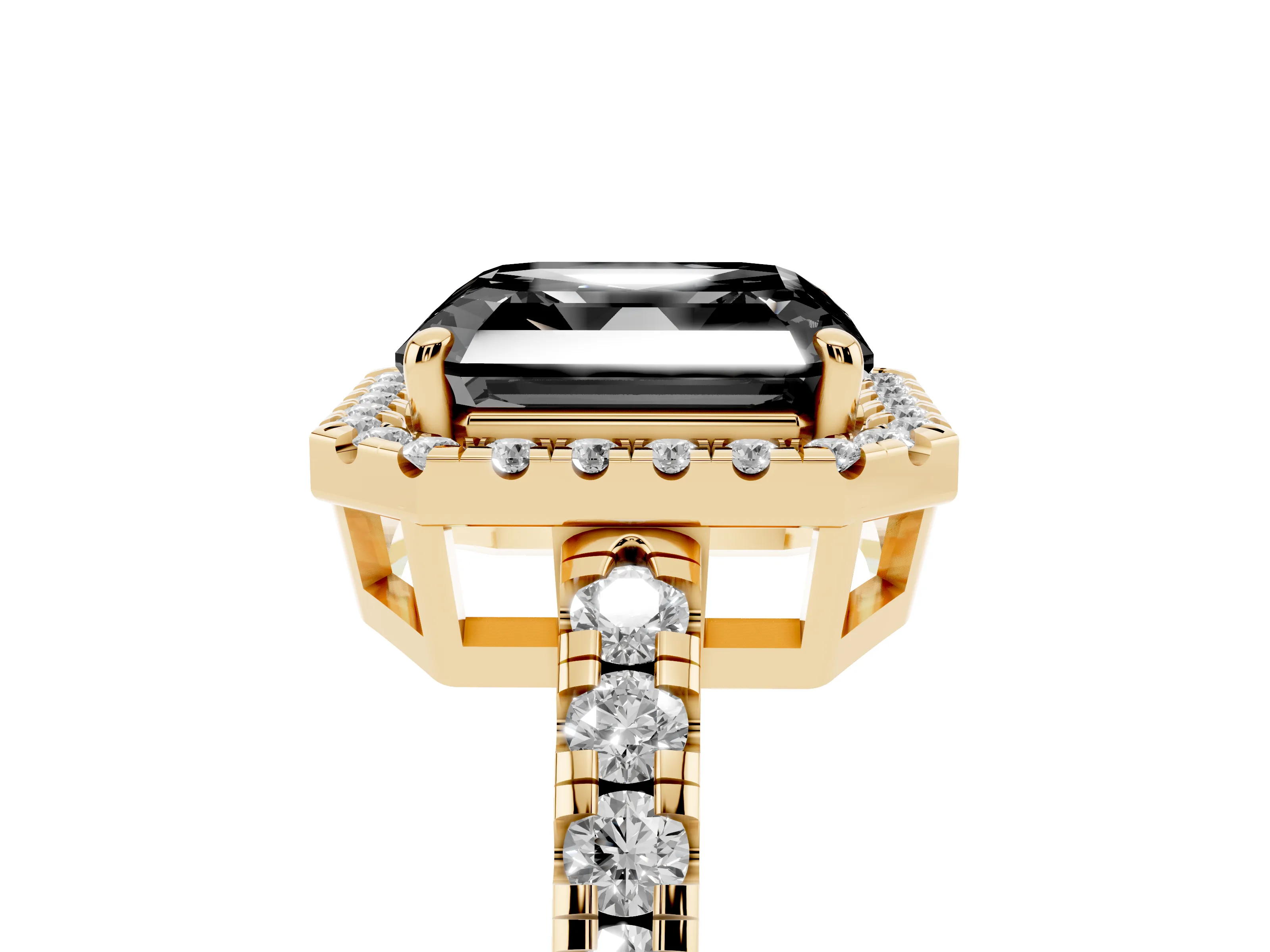 Fancy Black Asscher Cut Diamond Halo Ring Set in Yellow gold with Delicate Pavé Band and Prong Setting