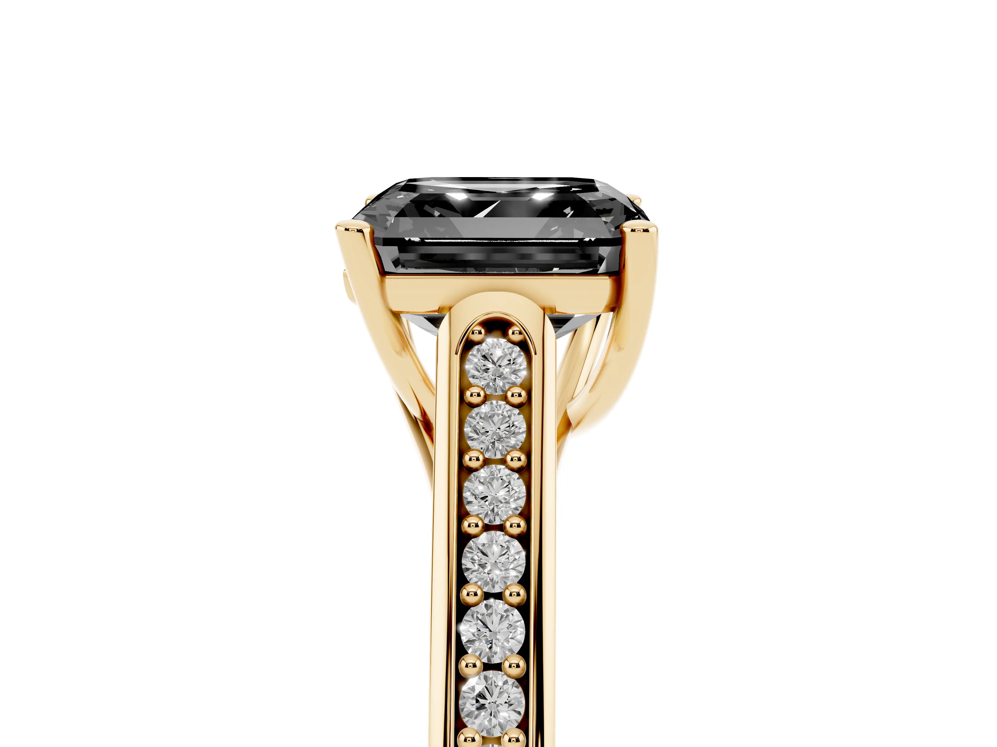 Fancy Black Asscher Cut Diamond Solitaire Cathedral Engagement Ring Set in Yellow gold with Channel-Set Band and Prong Setting