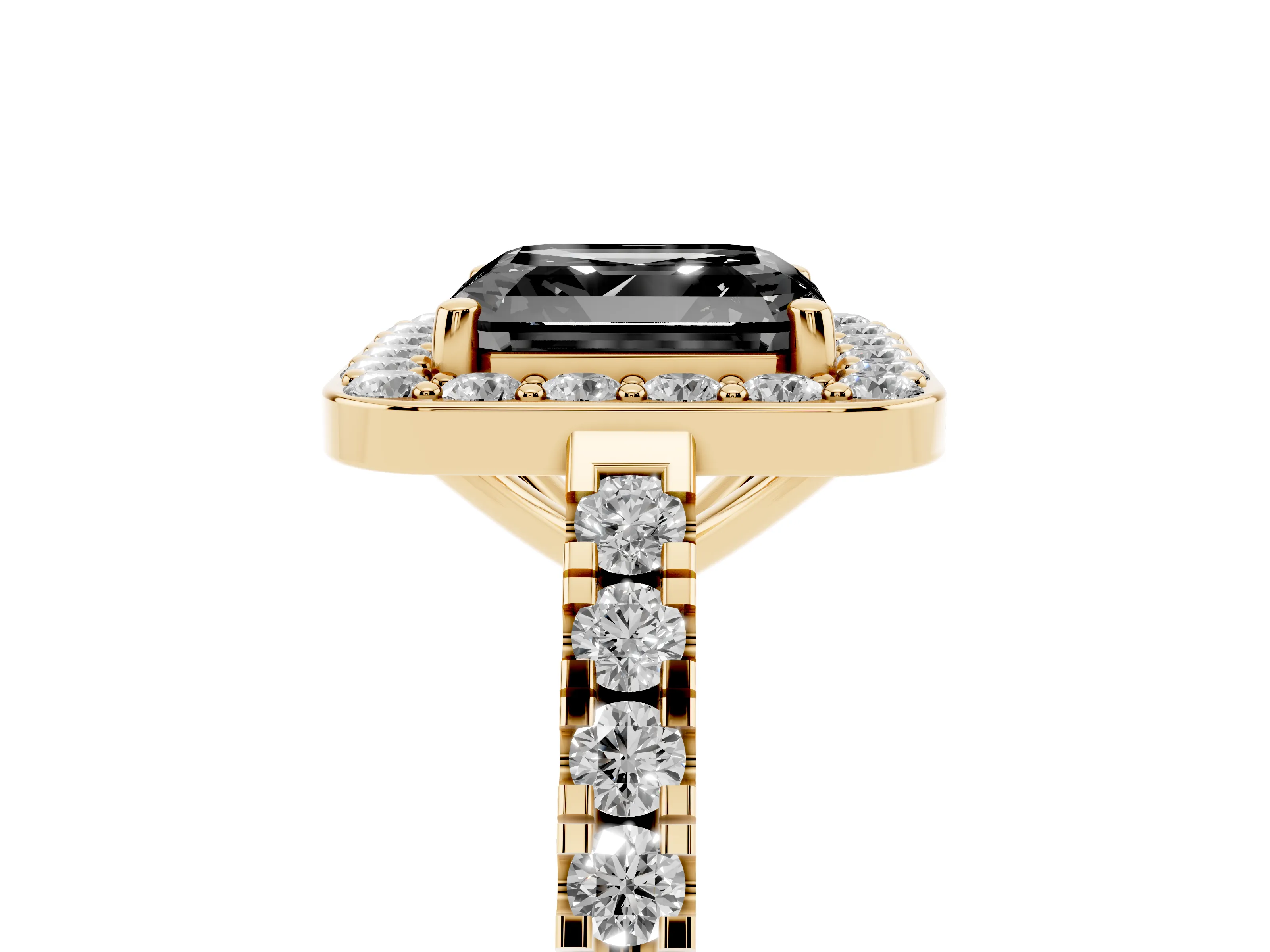 Fancy Black Asscher Cut Diamond Halo Ring Set in Yellow gold with Round Pavé Split Shank and Prong Setting