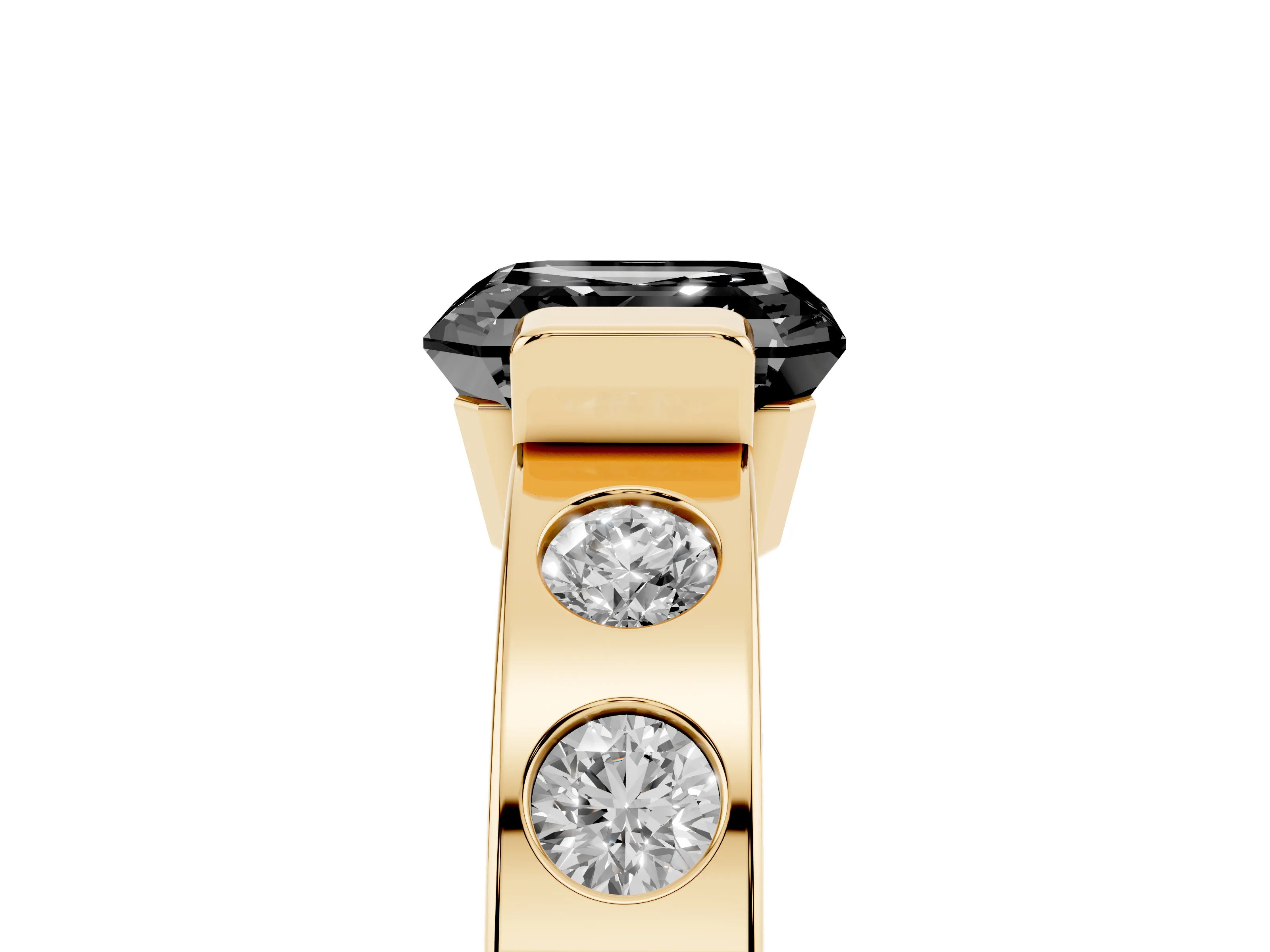 Fancy Black Asscher Cut Diamond Channel-Set Band Ring Set in Yellow gold with Bezel Prong Setting