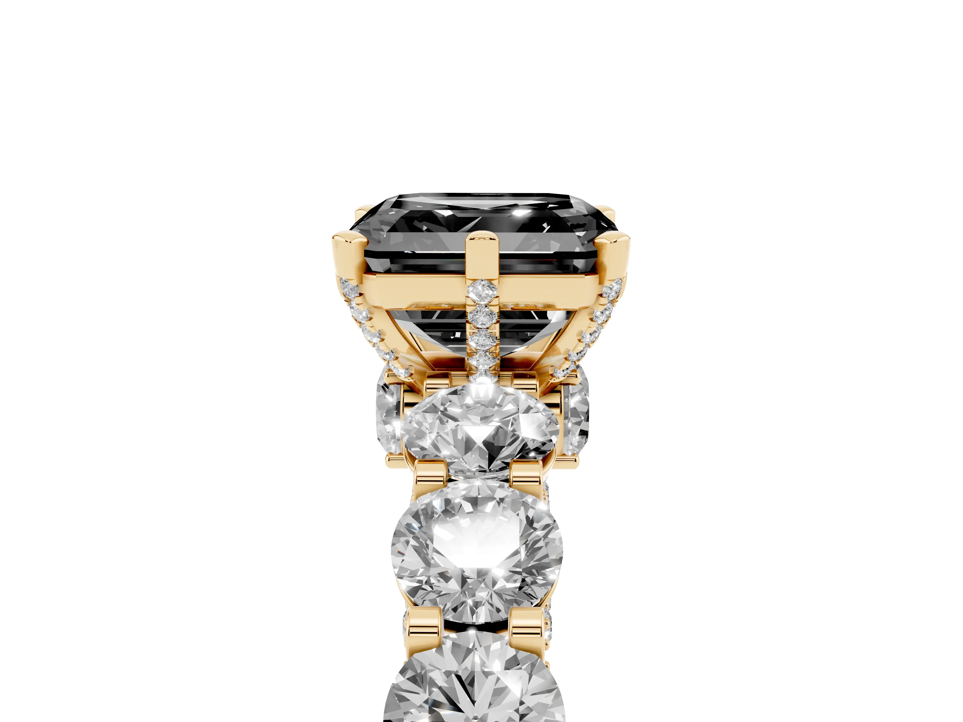 Fancy Black Asscher Cut Diamond Side Stone Ring Set in Yellow gold with Alternating Round and Oval Side Stones