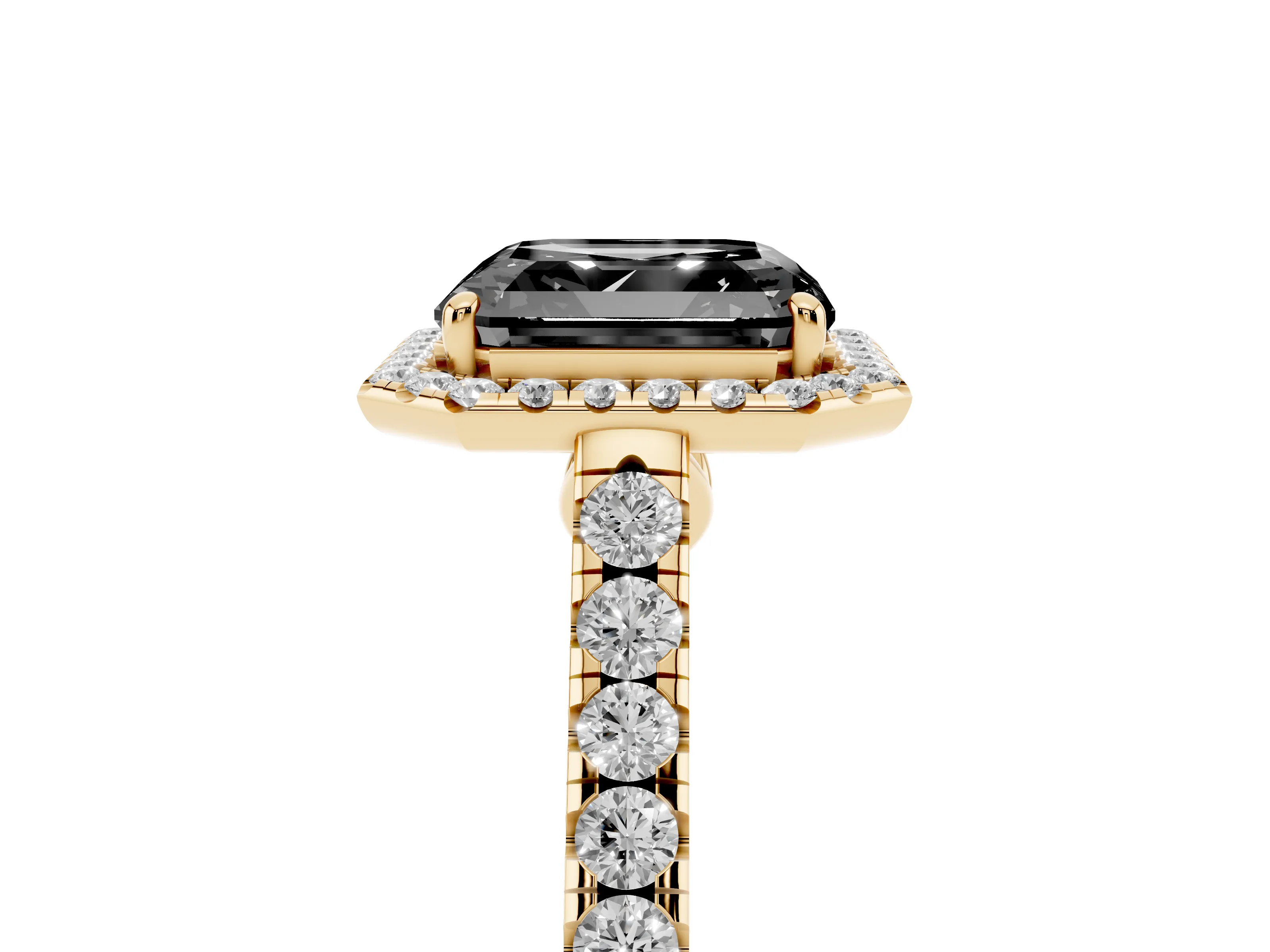 Fancy Black Asscher Cut Diamond Halo Pavé Engagement Ring Set in Yellow gold with Prong Setting