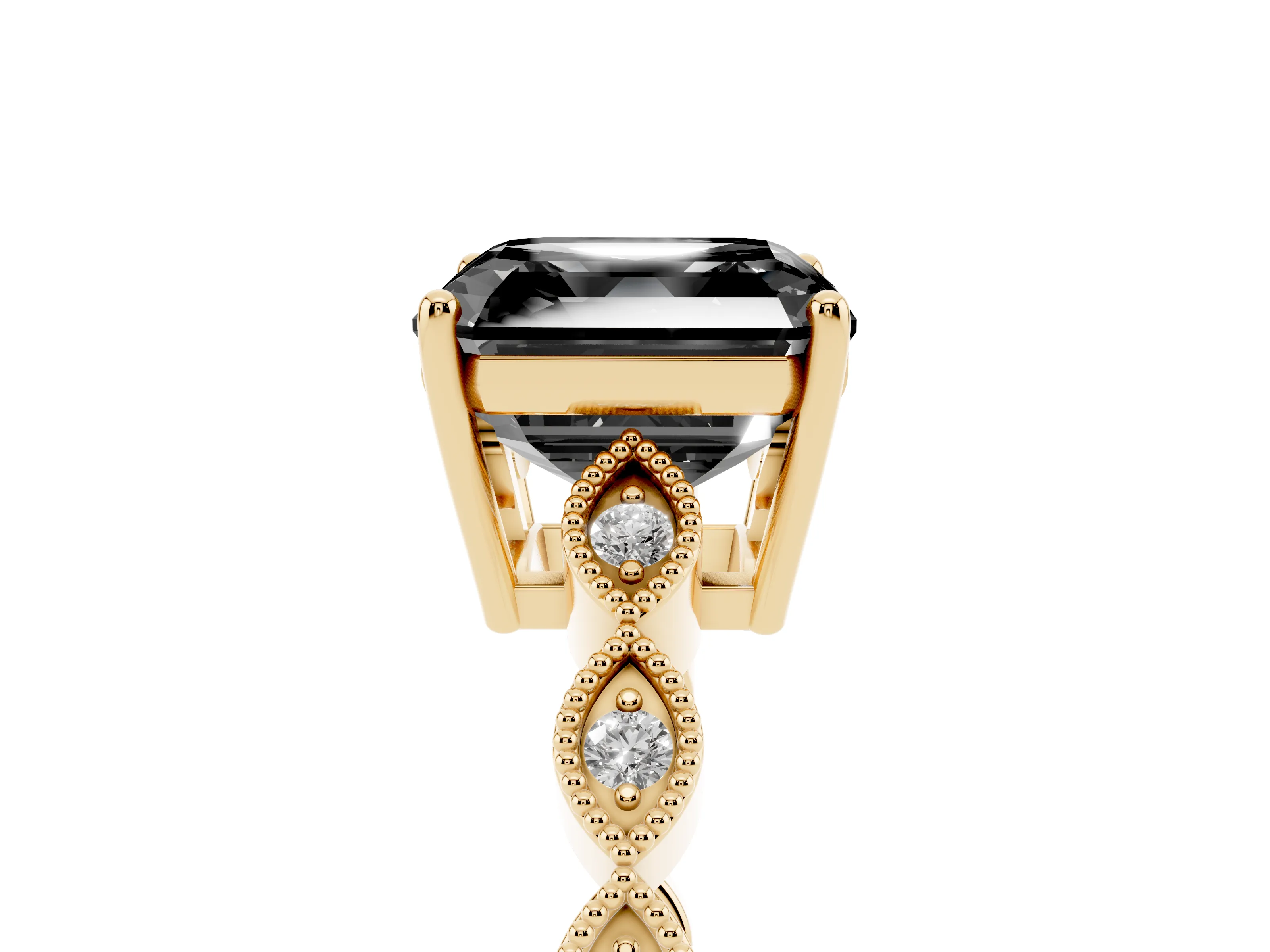 Fancy Black Asscher Cut Diamond Solitaire Ring Set in Yellow gold with Infinity Twist Pavé Band
