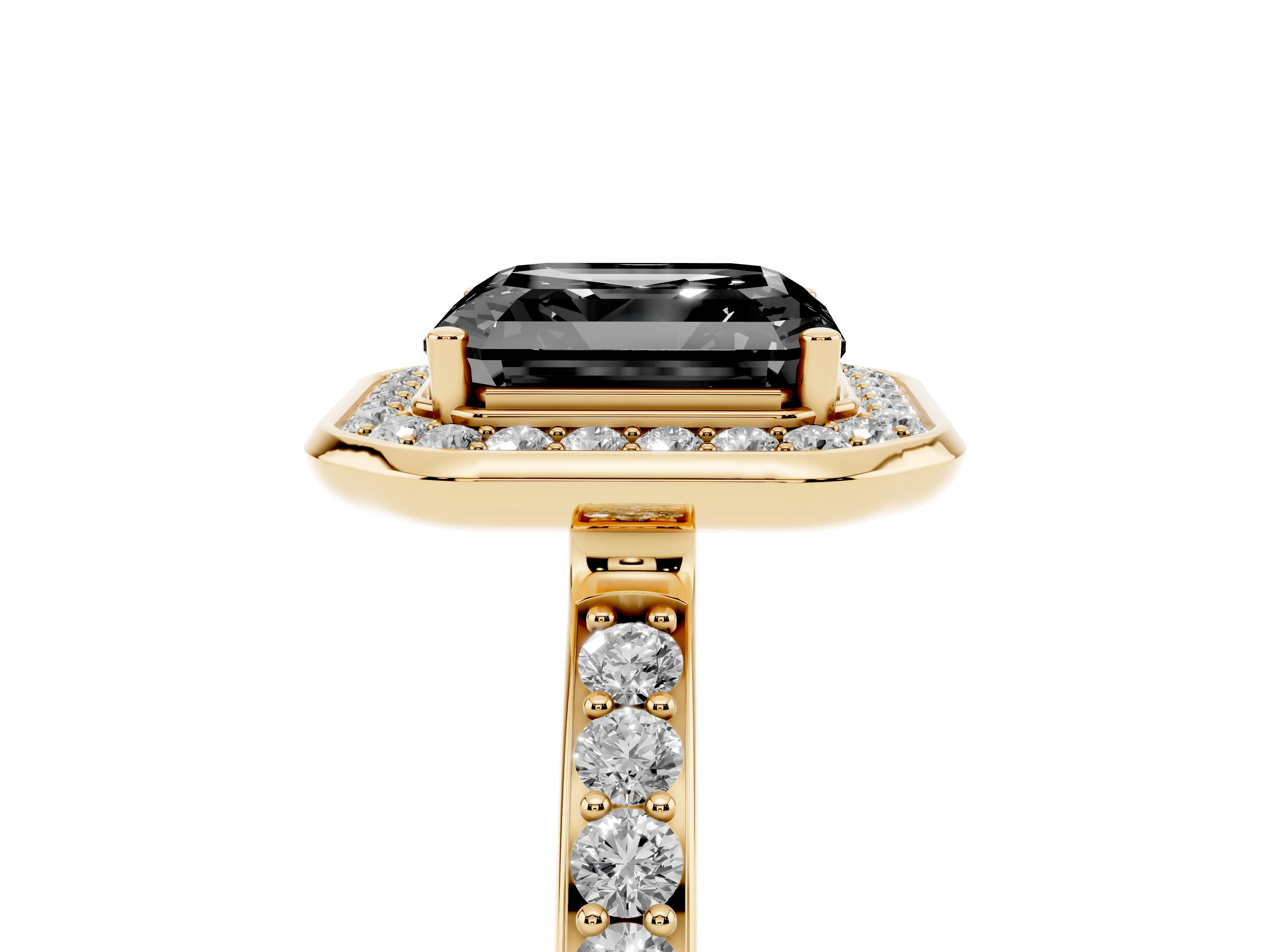 Fancy Black Asscher Cut Diamond Halo Ring Set in Yellow gold with Bezel Frame and Pavé Band
