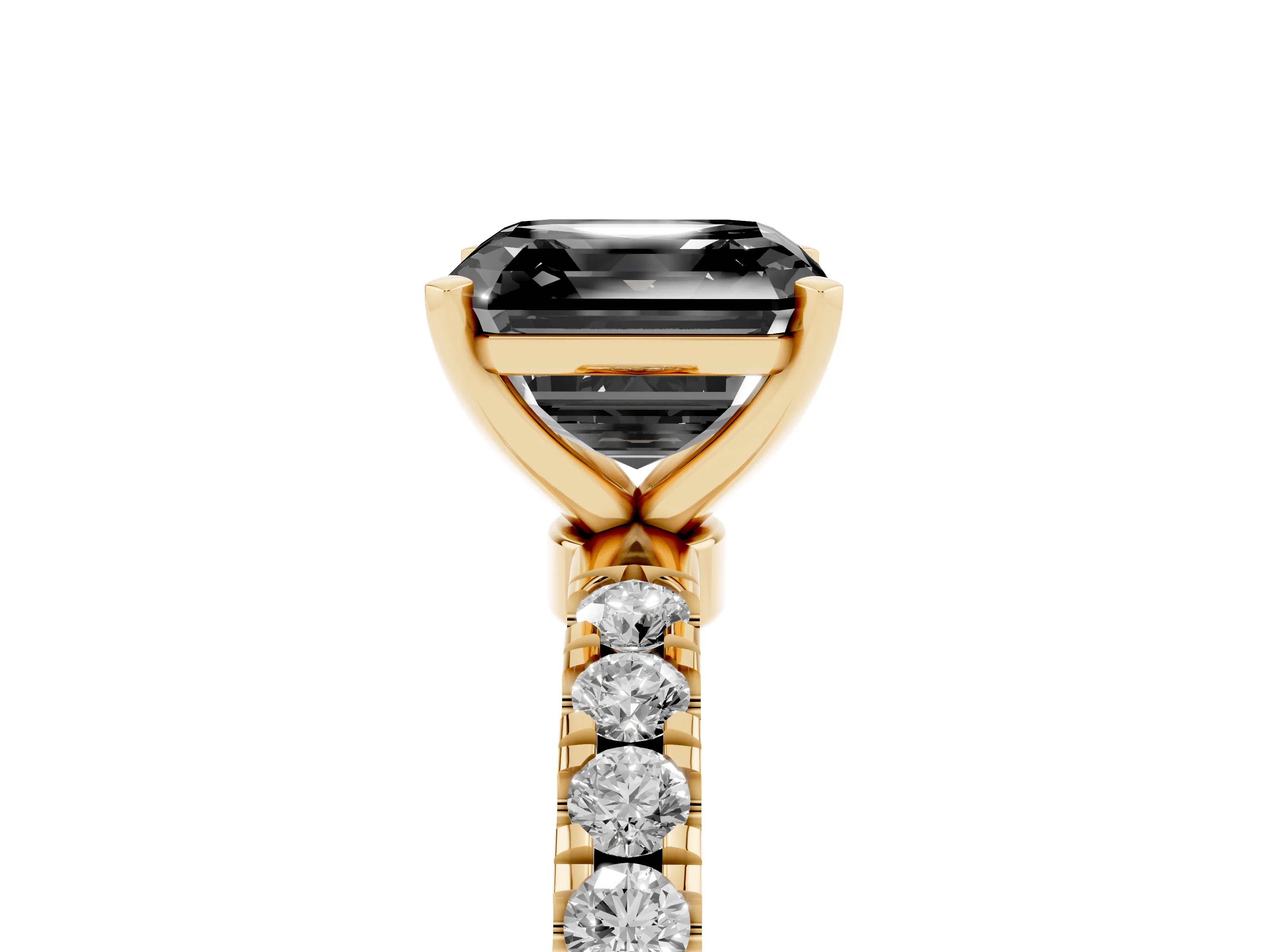 Fancy Black Asscher Cut Diamond Solitaire Ring Set in Yellow gold with Pavé Accents and Prong Setting