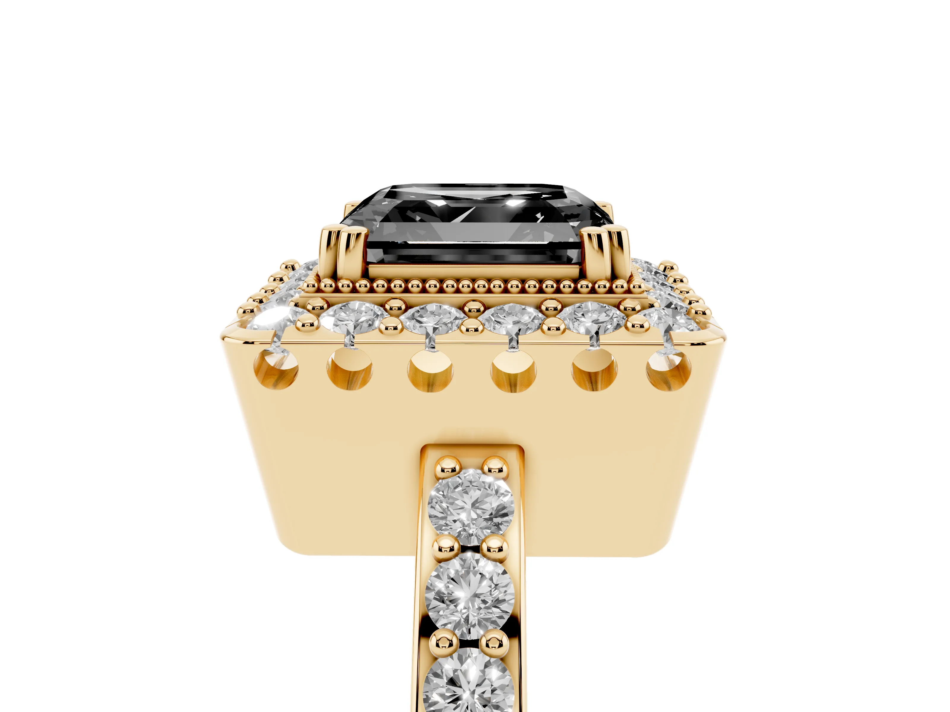 Fancy Black Asscher Cut Diamond Halo Ring Set in Yellow gold with Pavé Shank and Prong Setting