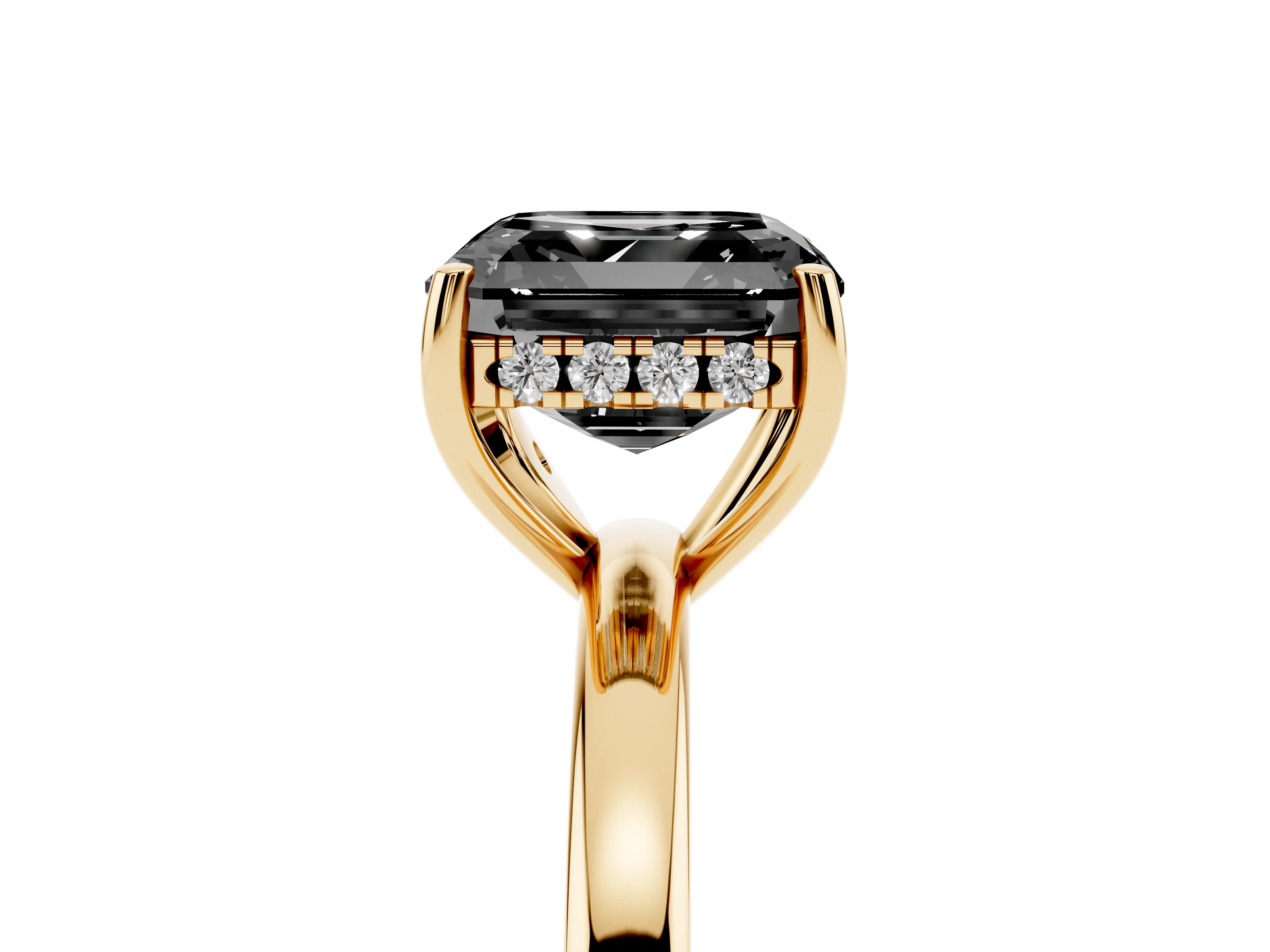Fancy Black Asscher Cut Diamond Solitaire Ring Set in Yellow gold with Plain Band and Prong Setting