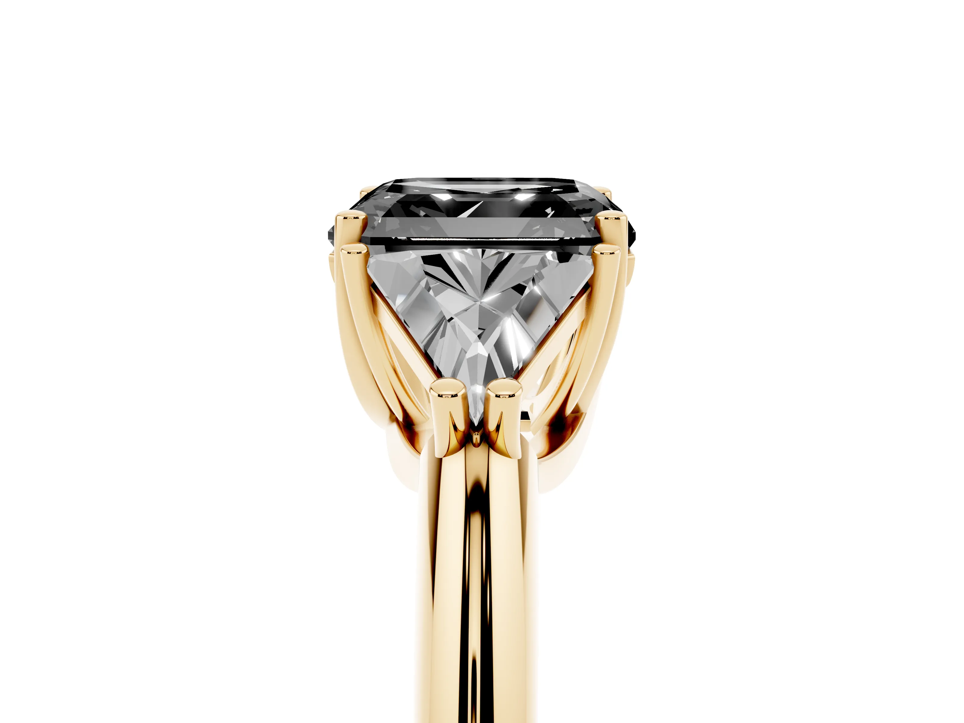 Fancy Black Asscher Cut Diamond Three-Stone Engagement Ring Set in Yellow gold with Trillion Side Stones
