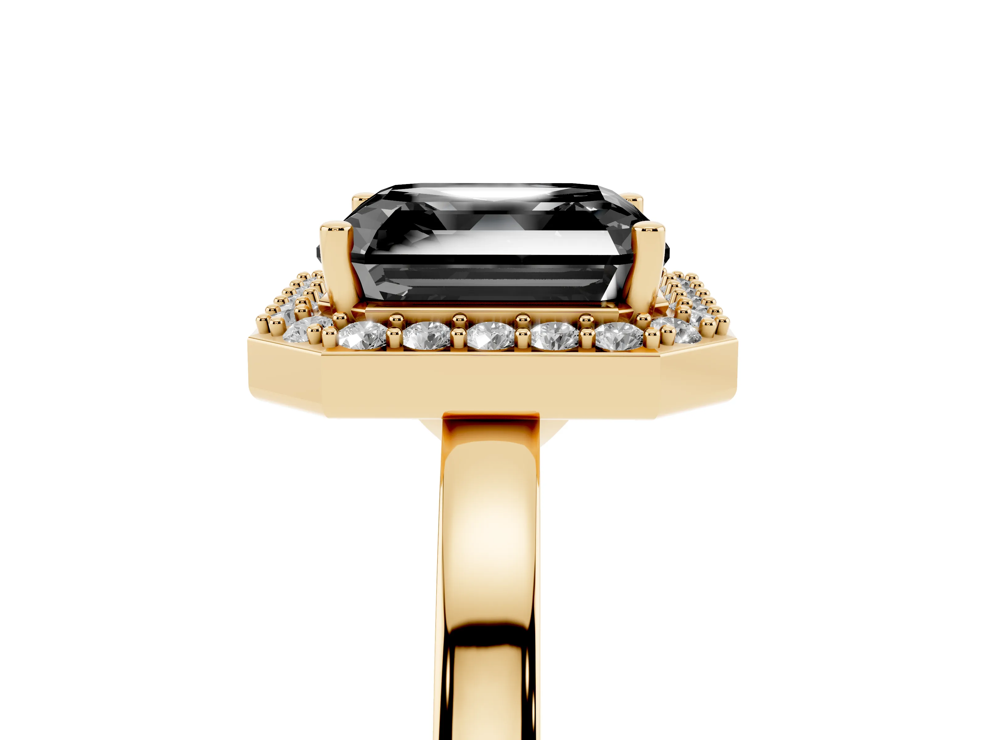 Fancy Black Asscher Cut Diamond Halo Ring Set in Yellow gold with Solitaire Band and Prong Setting