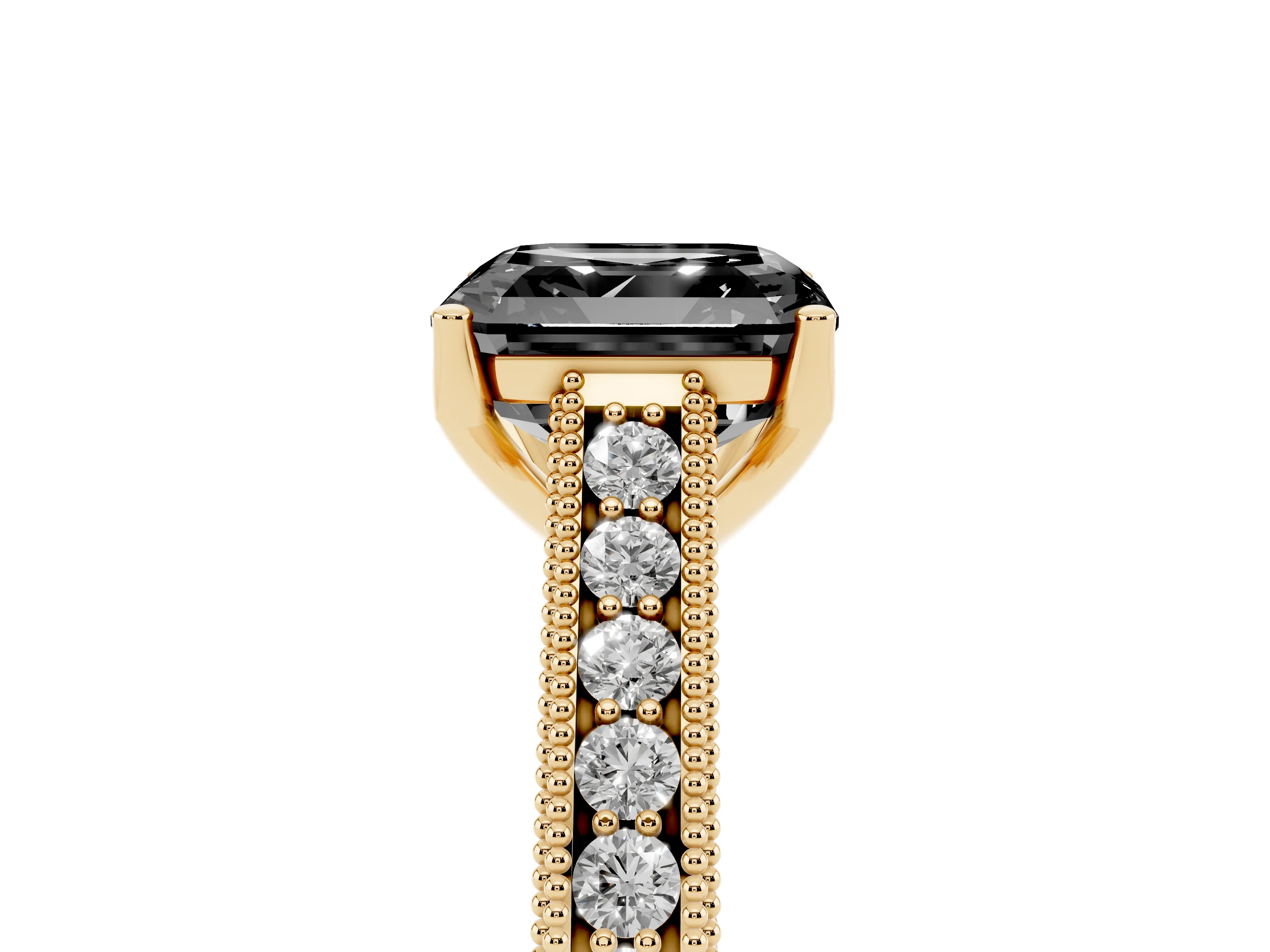 Fancy Black Asscher Cut Diamond Milgrain Pavé Band Solitaire Ring Set in Yellow gold with Prong Setting
