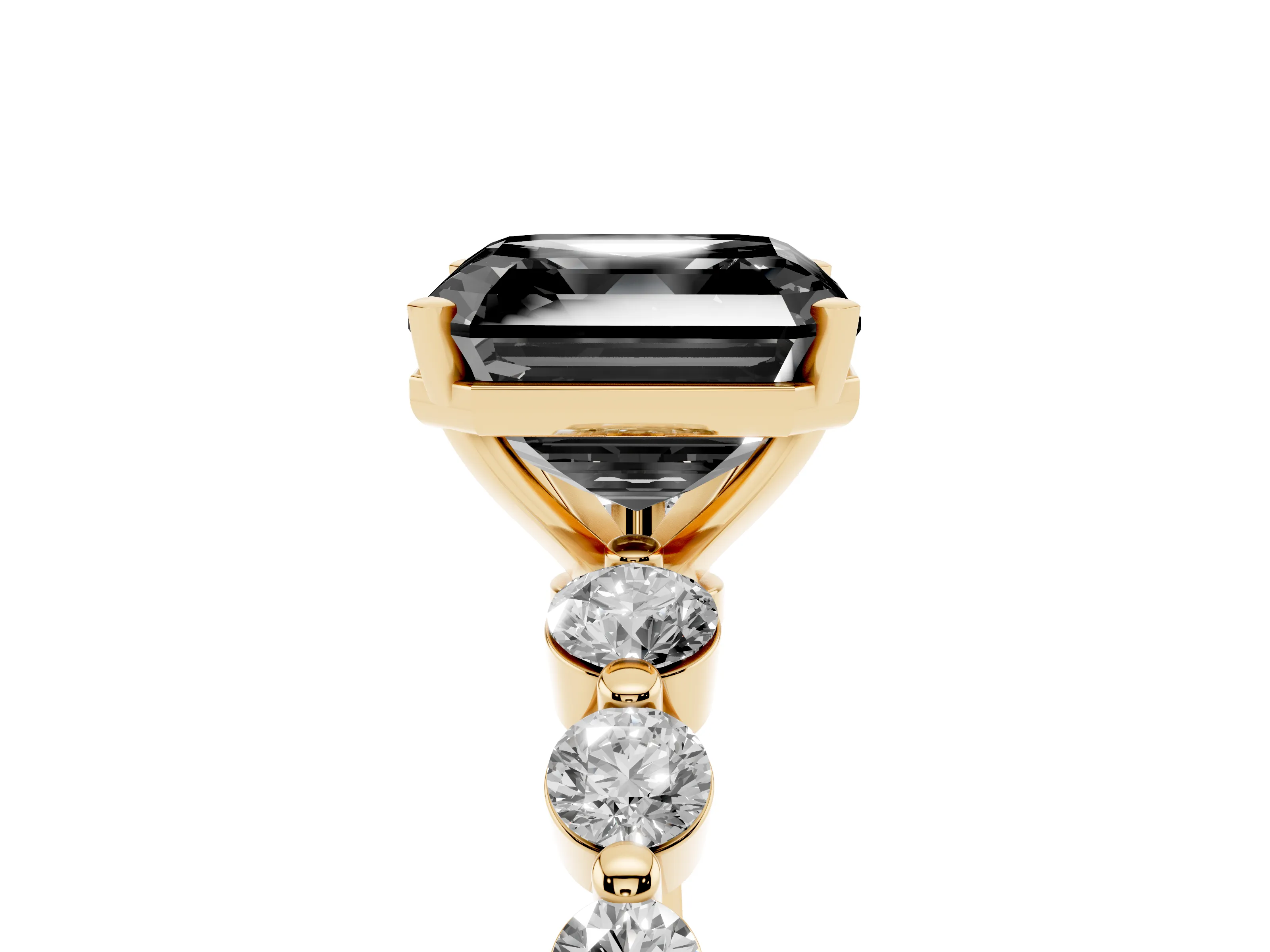 Fancy Black Asscher Cut Diamond Solitaire Ring Set in Yellow gold with Pavé Band and Prong Setting