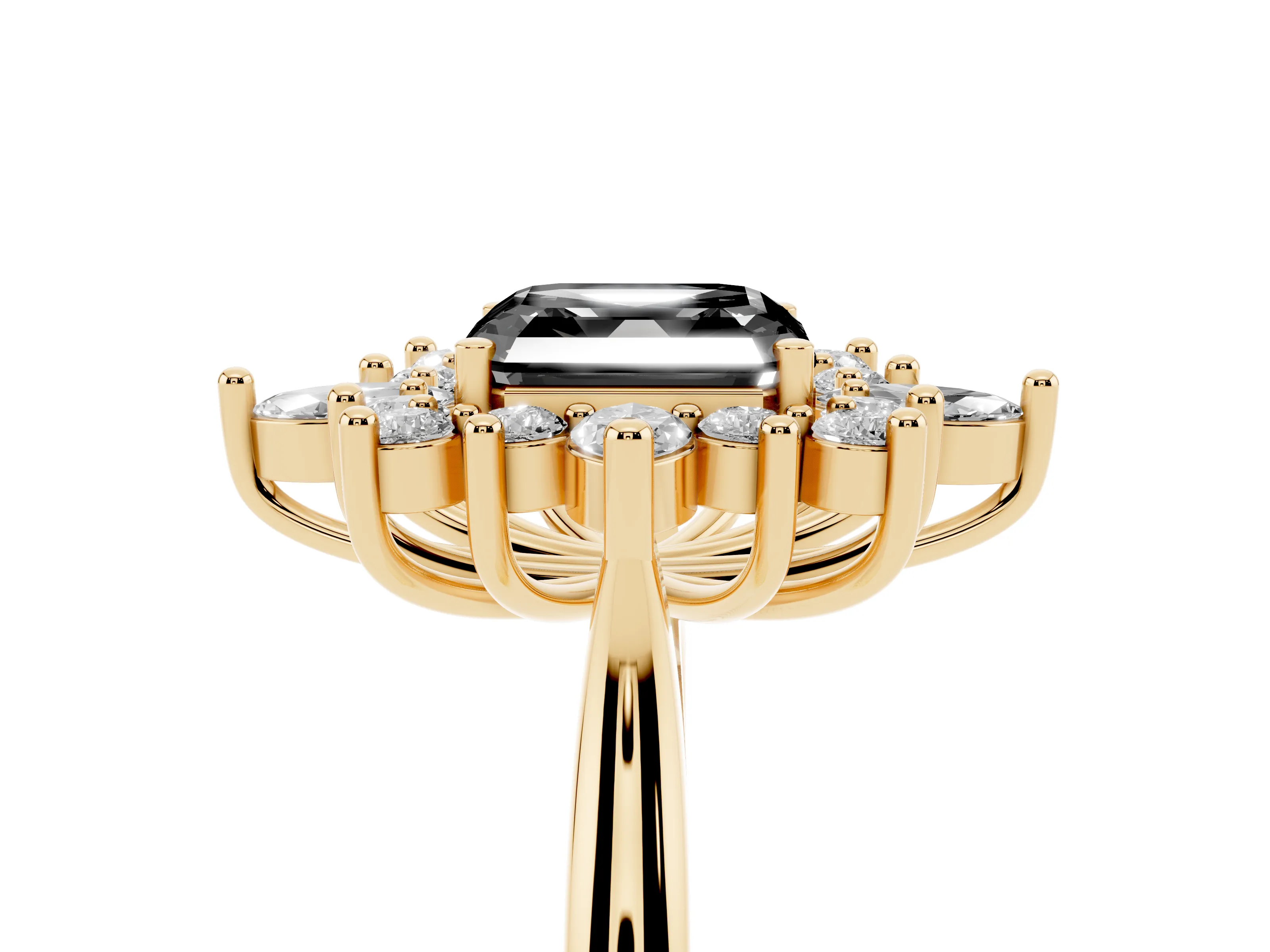 Fancy Black Asscher Cut Diamond Cluster Halo Ring Set in Yellow gold with Marquise and Round Accents