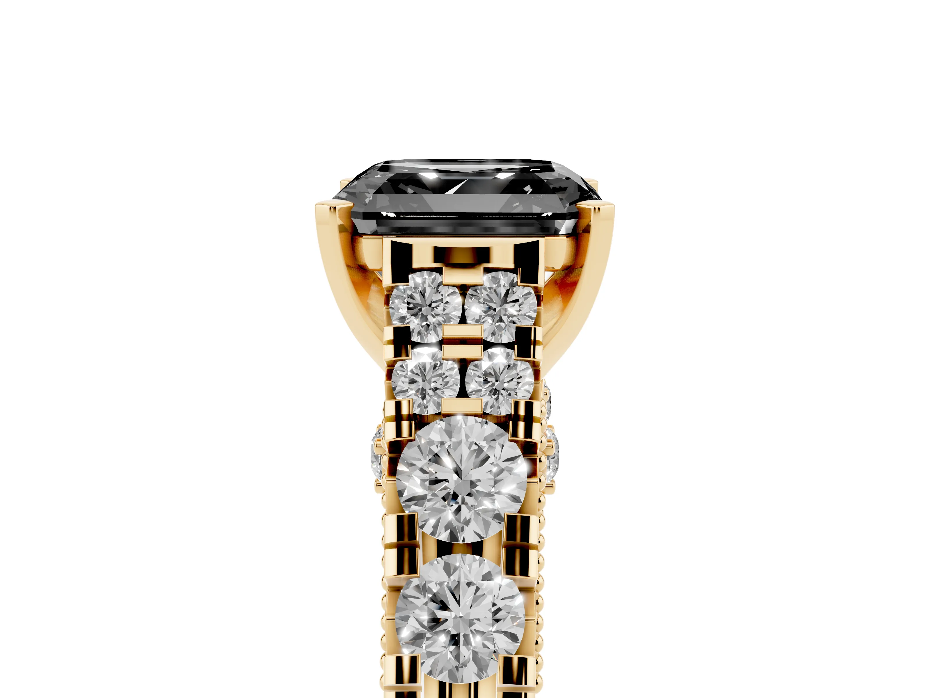 Fancy Black Asscher Cut Diamond Classic Solitaire Ring Set in Yellow gold with Pavé Band and Prong Setting