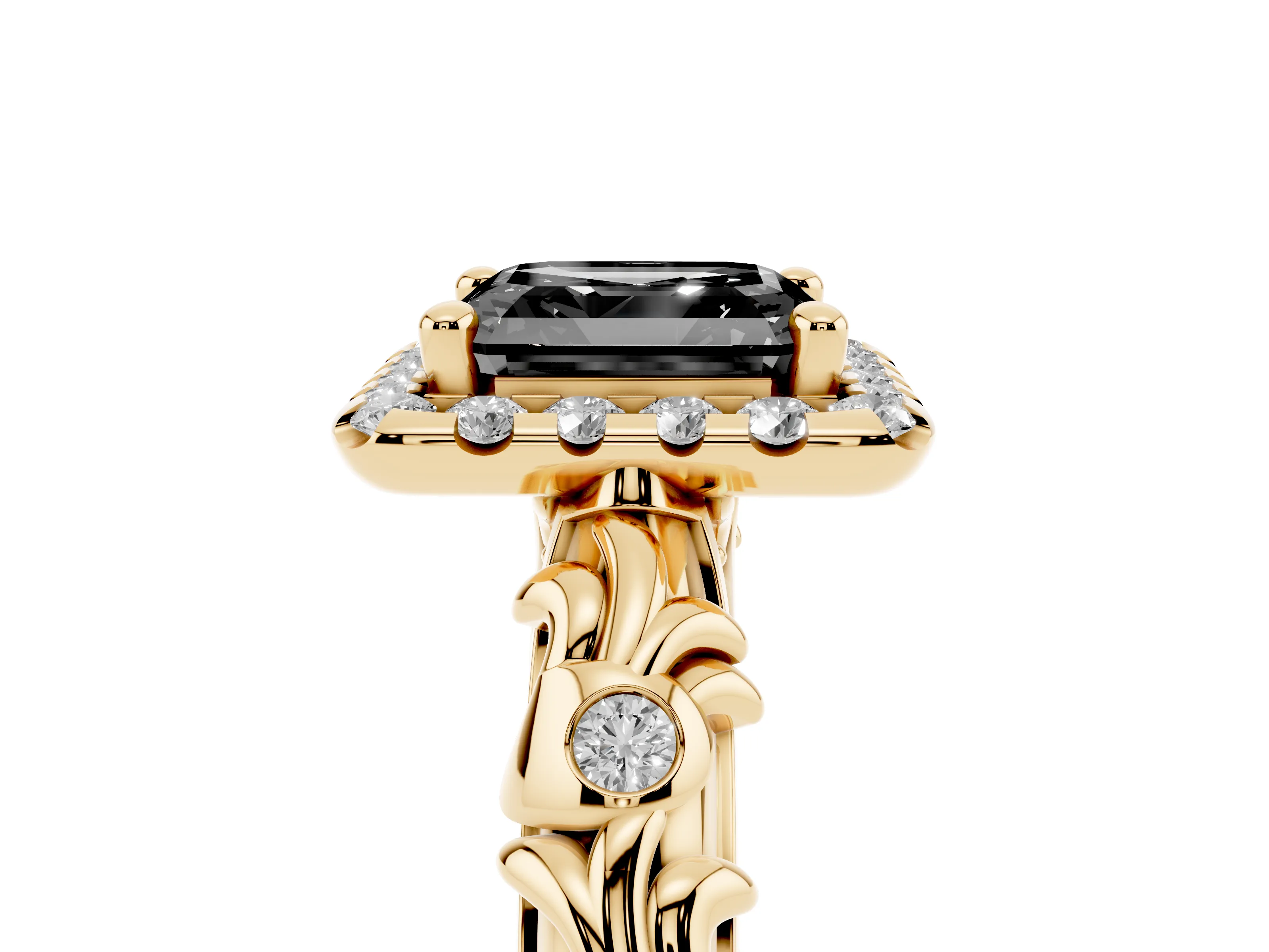 Fancy Black Asscher Cut Diamond Halo Ring Set in Yellow gold with Filigree Leaf Band and Prong Setting