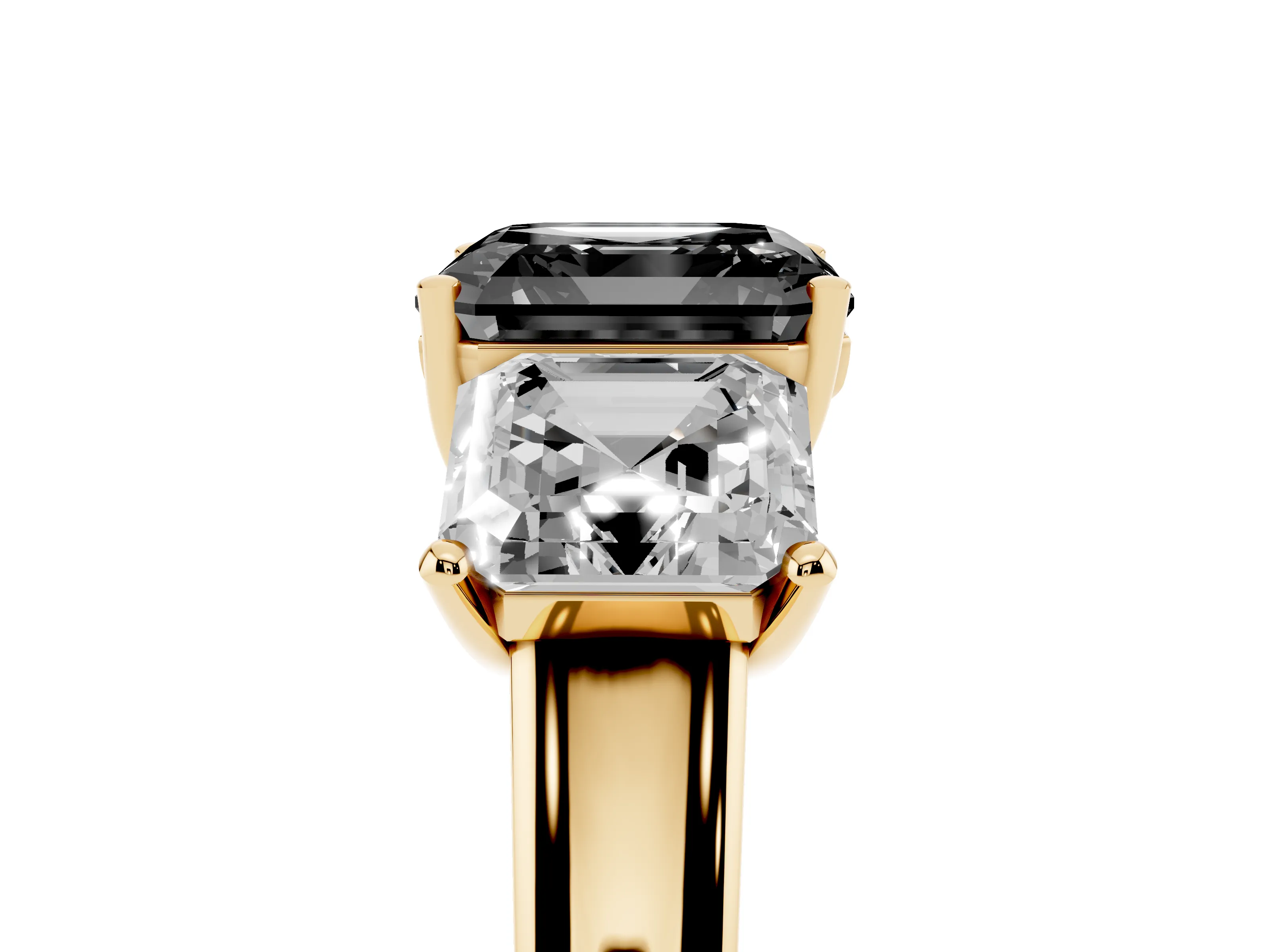 Fancy Black Asscher Cut Diamond Three-Stone Ring Set in Yellow gold with Classic Prong Setting and Plain Band