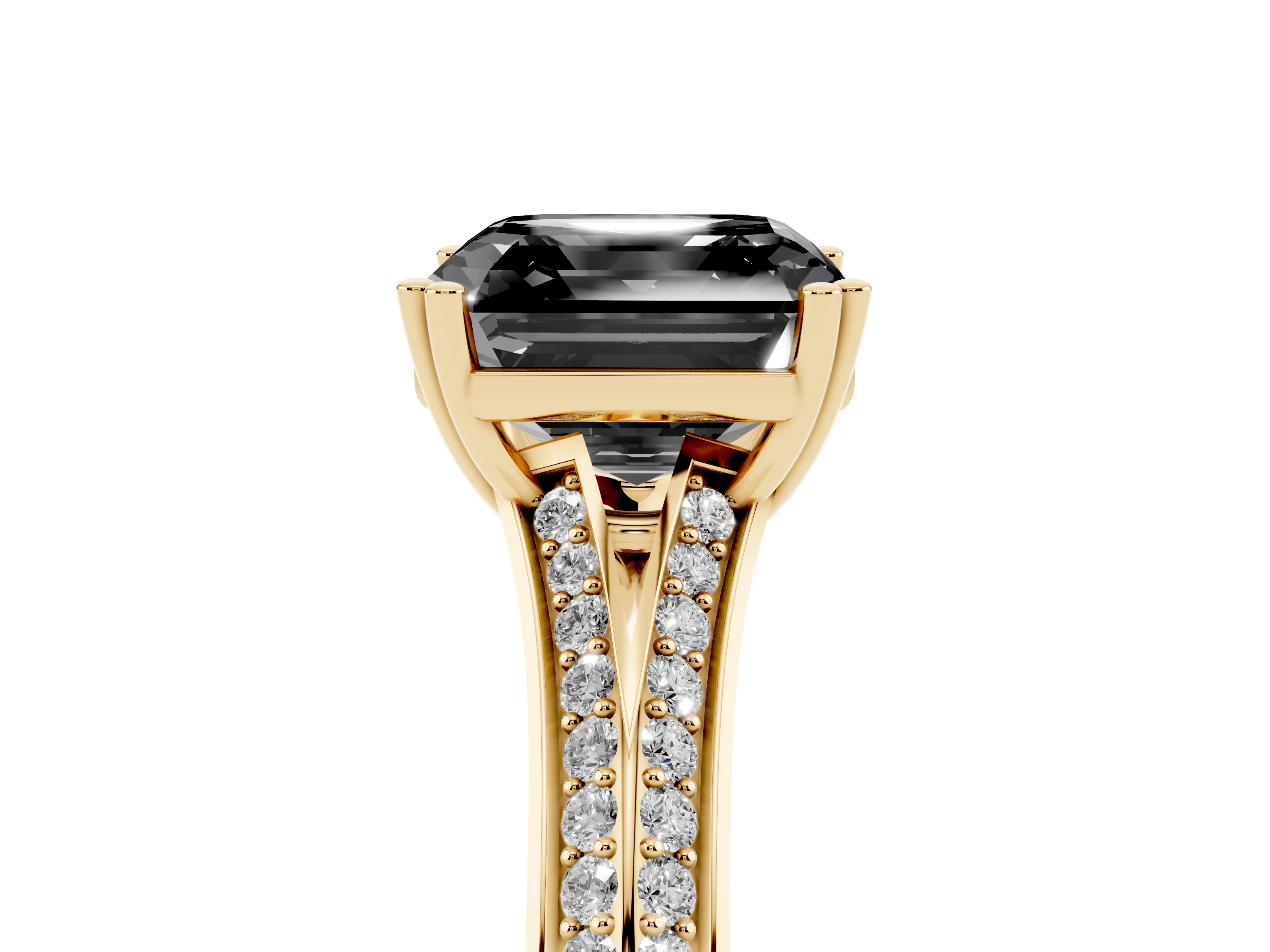 Fancy Black Asscher Cut Diamond Split Shank Pavé Engagement Ring Set in Yellow gold with Prong-Set Center Stone