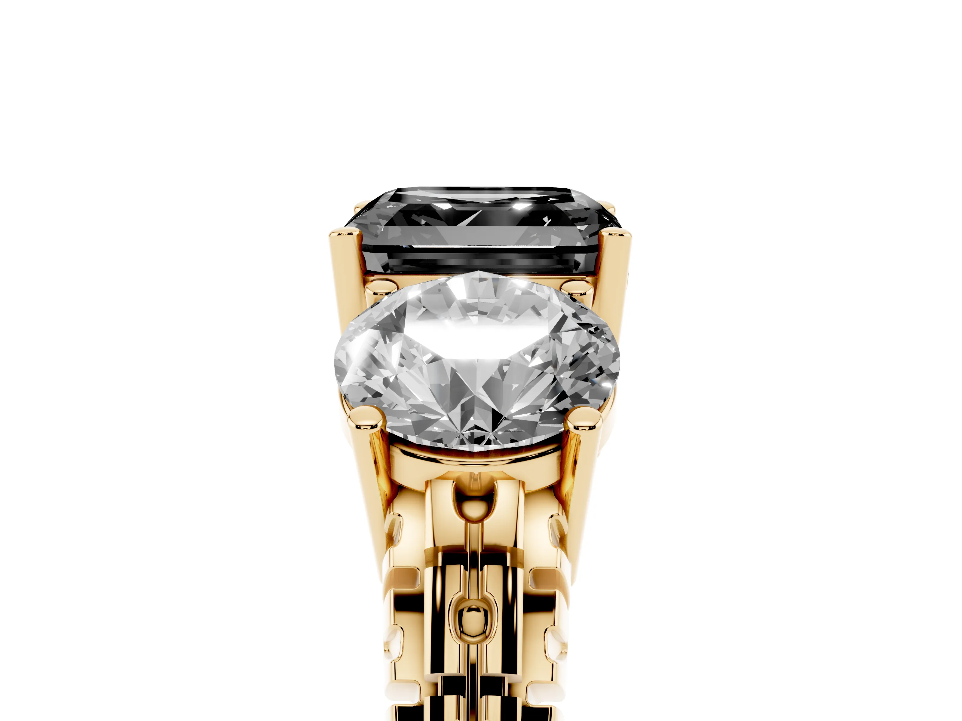 Fancy Black Asscher Cut Diamond Three-Stone Ring Set in Yellow gold with Channel-Set Accent Band