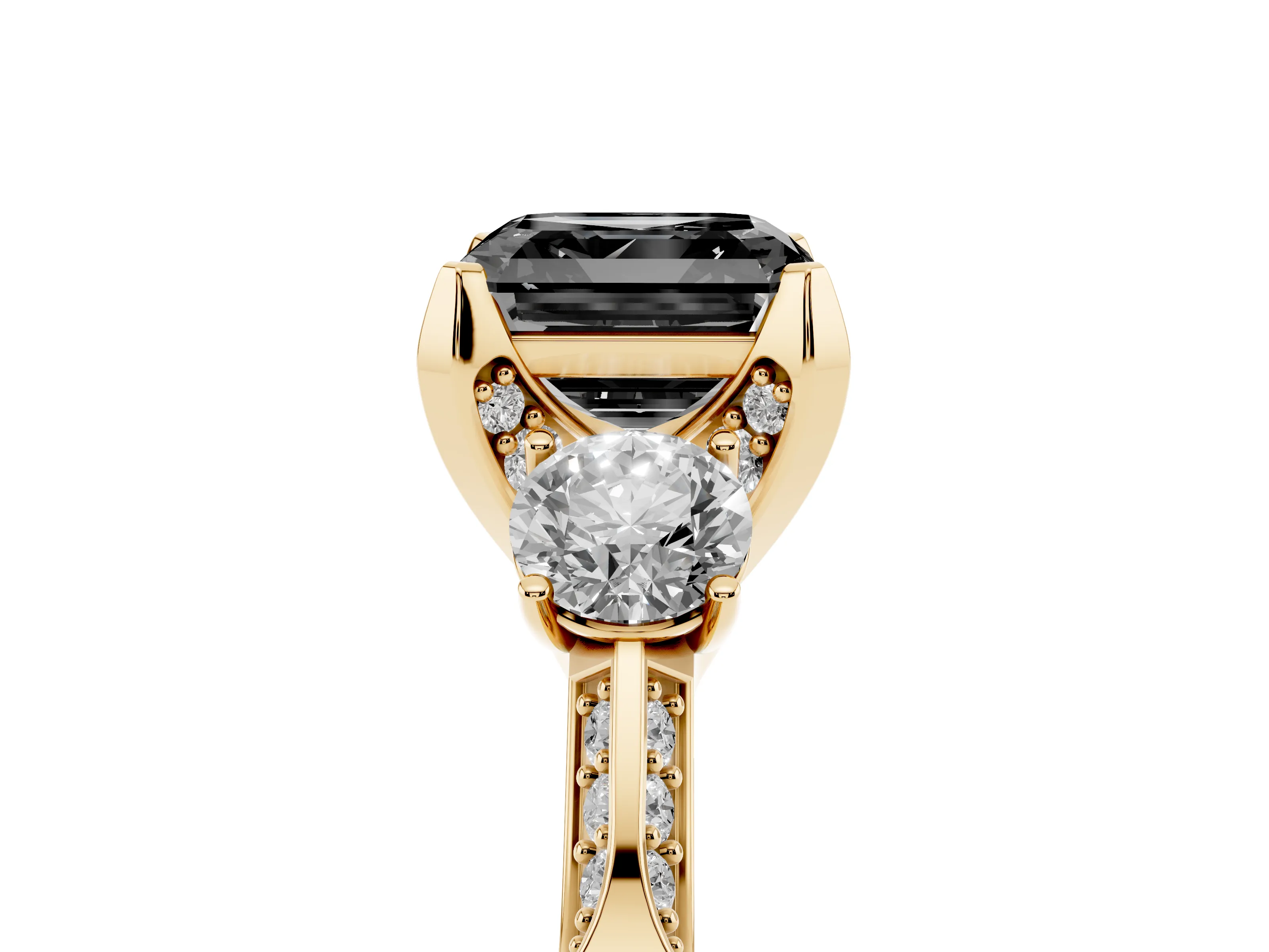 Fancy Black Asscher Cut Diamond Three-Stone Ring Set in Yellow gold with Pavé Band and Smaller Side Stones