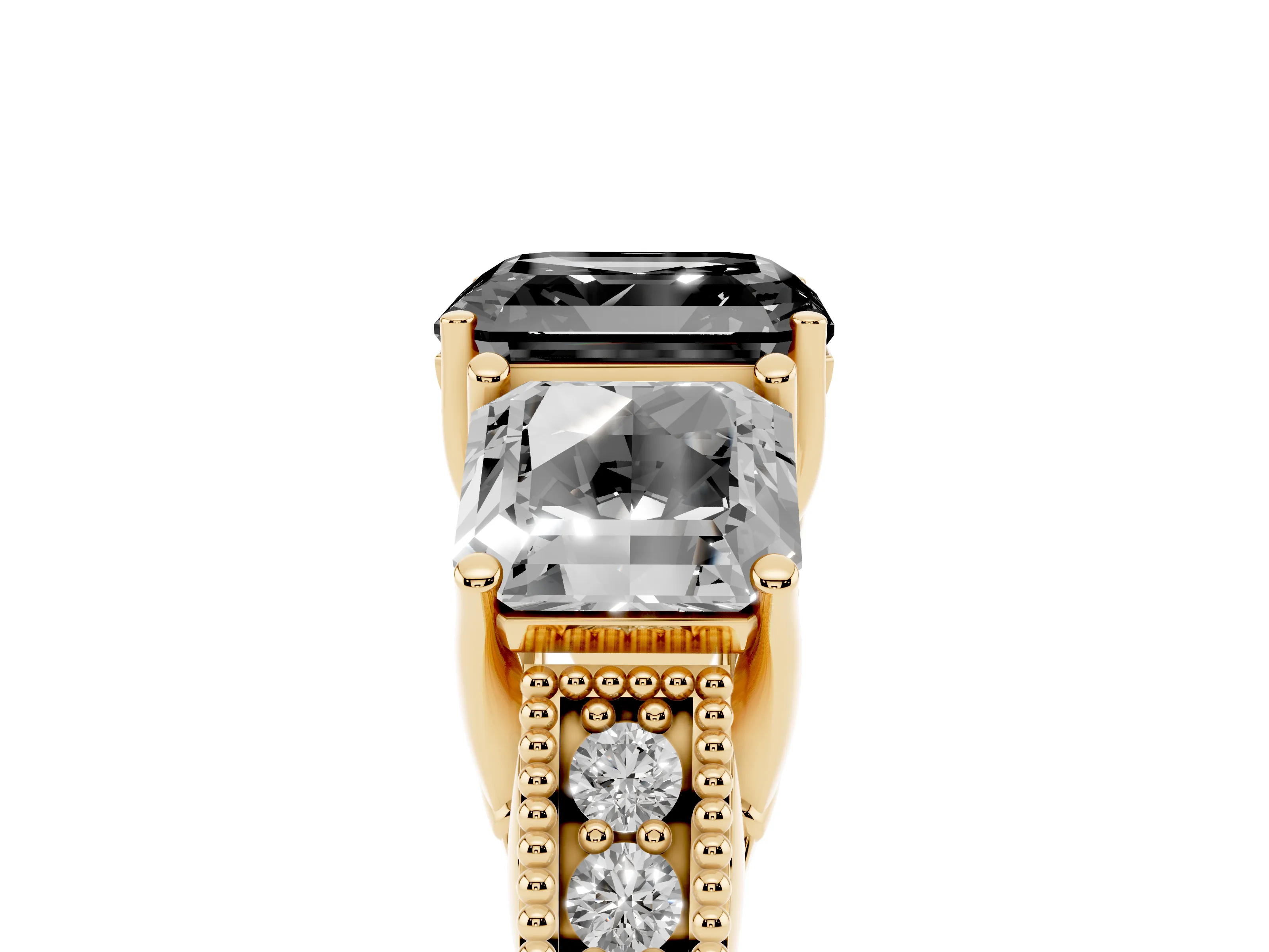 Fancy Black Asscher Cut Diamond Three-Stone Engagement Ring Set in Yellow gold with Milgrain Pavé Band