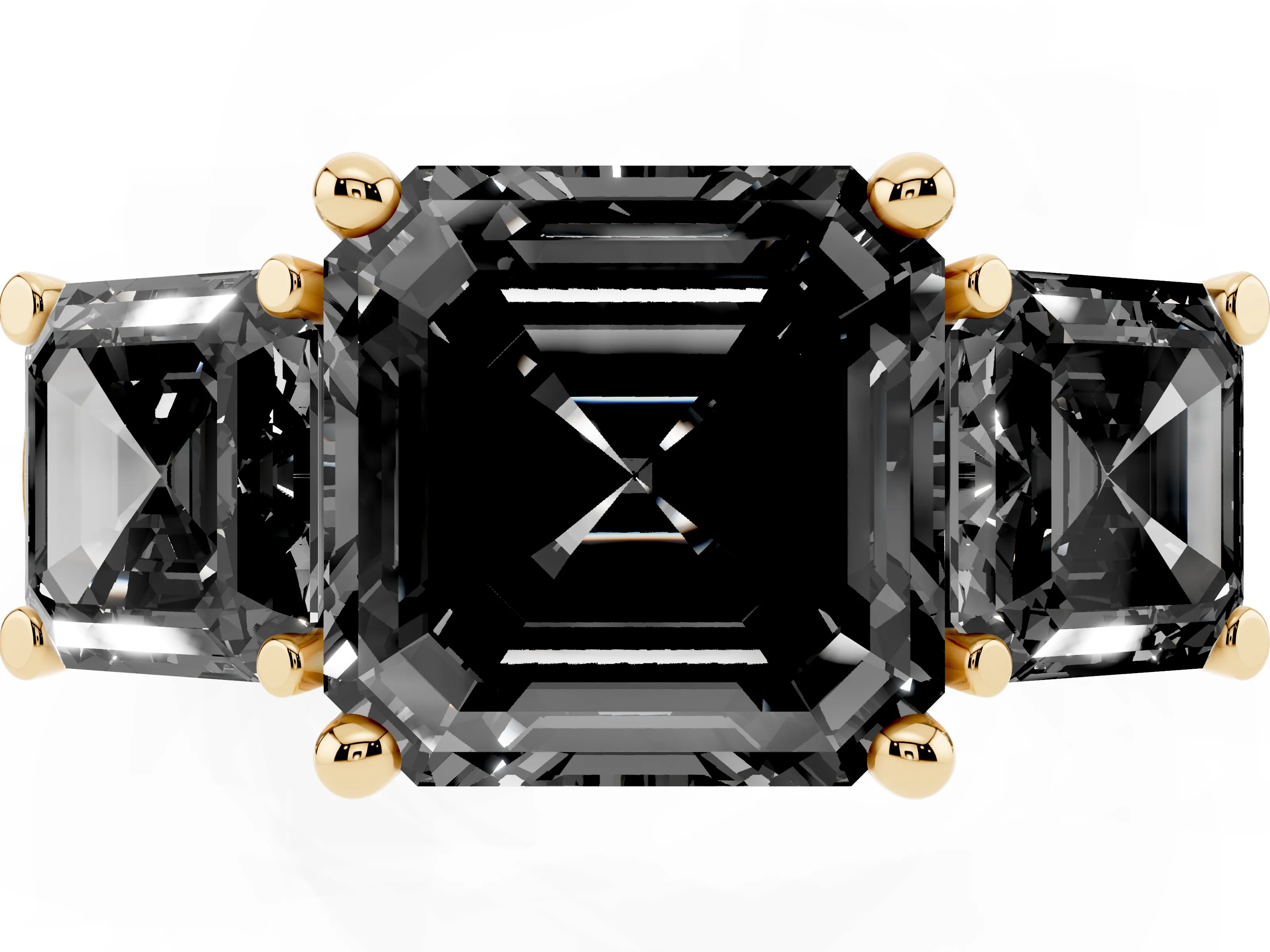 Fancy Black Asscher Cut Diamond Three-Stone Trellis Ring Set in Yellow gold with Comfort Fit Band