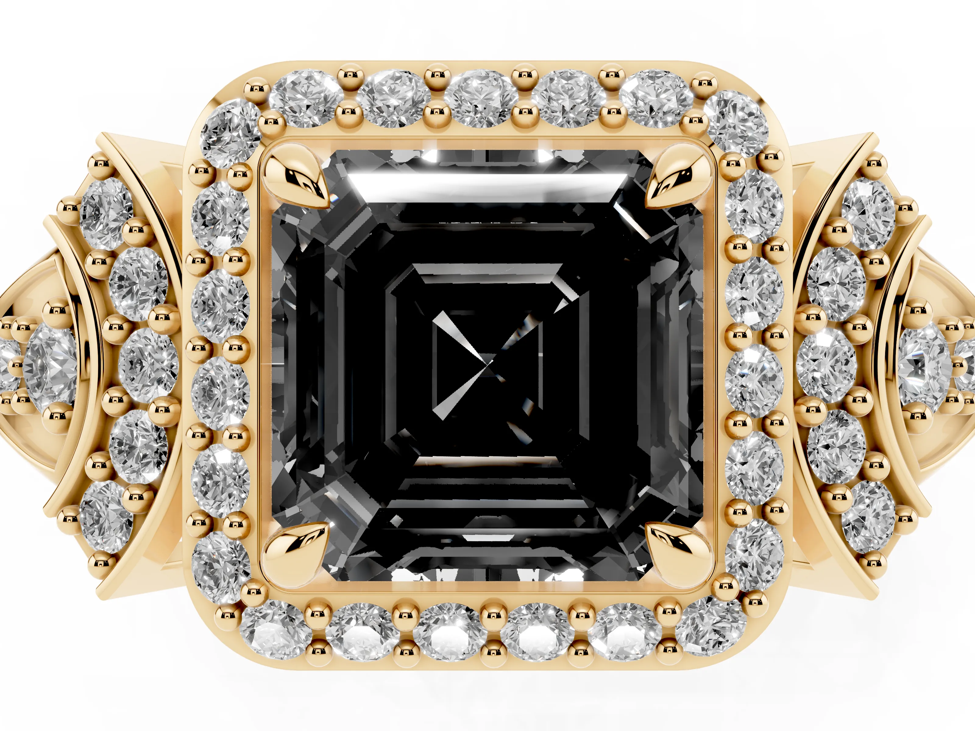 Fancy Black Asscher Cut Diamond Halo Engagement Ring Set in Yellow gold with Accent Stone Split Shank