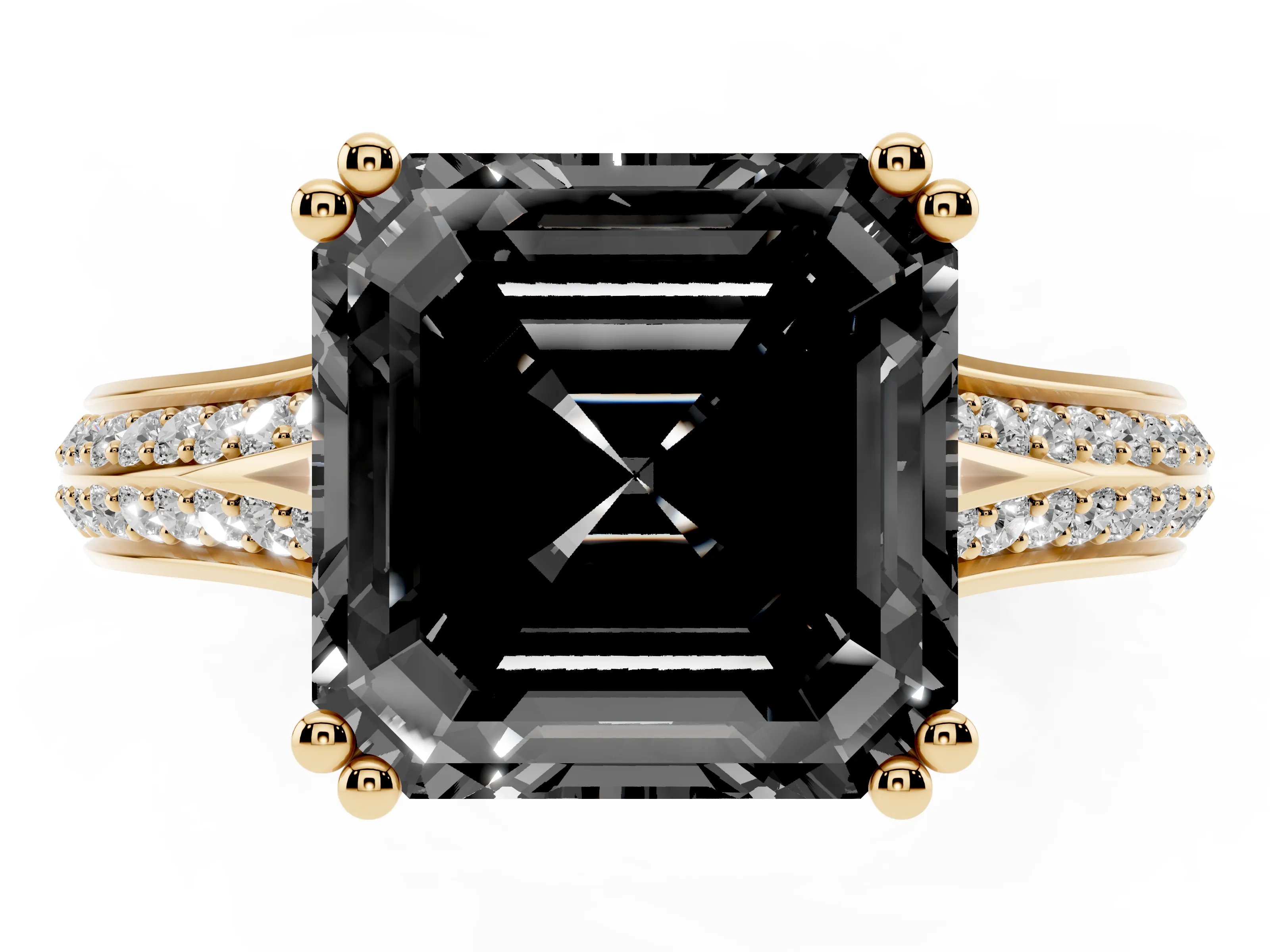 Fancy Black Asscher Cut Diamond Split Shank Pavé Engagement Ring Set in Yellow gold with Prong-Set Center Stone