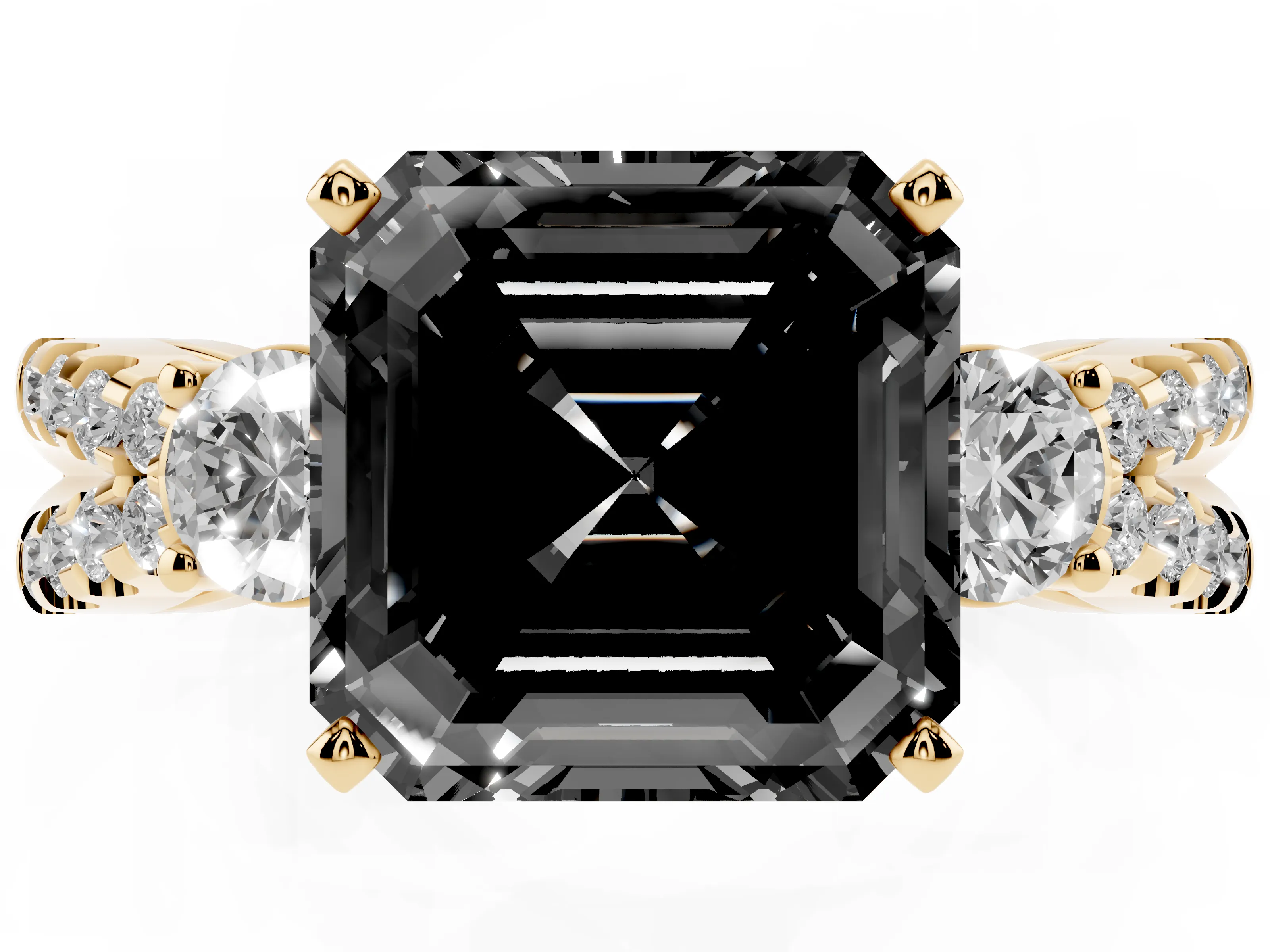Fancy Black Asscher Cut Diamond Three-Stone Ring Set in Yellow gold with Pavé Split Shank and Prong Setting