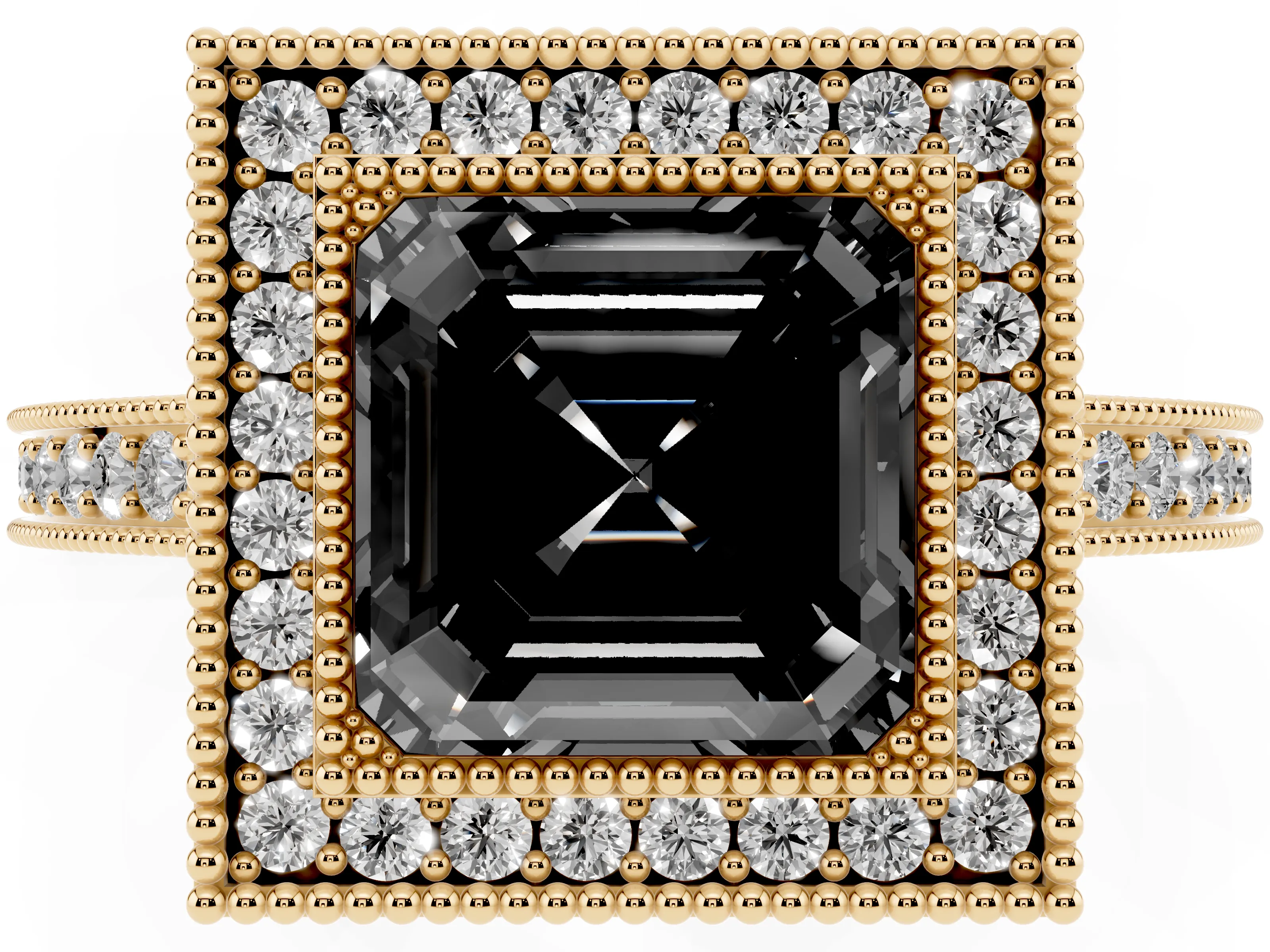 Fancy Black Asscher Cut Diamond Round Halo Ring Set in Yellow gold with Pavé Band