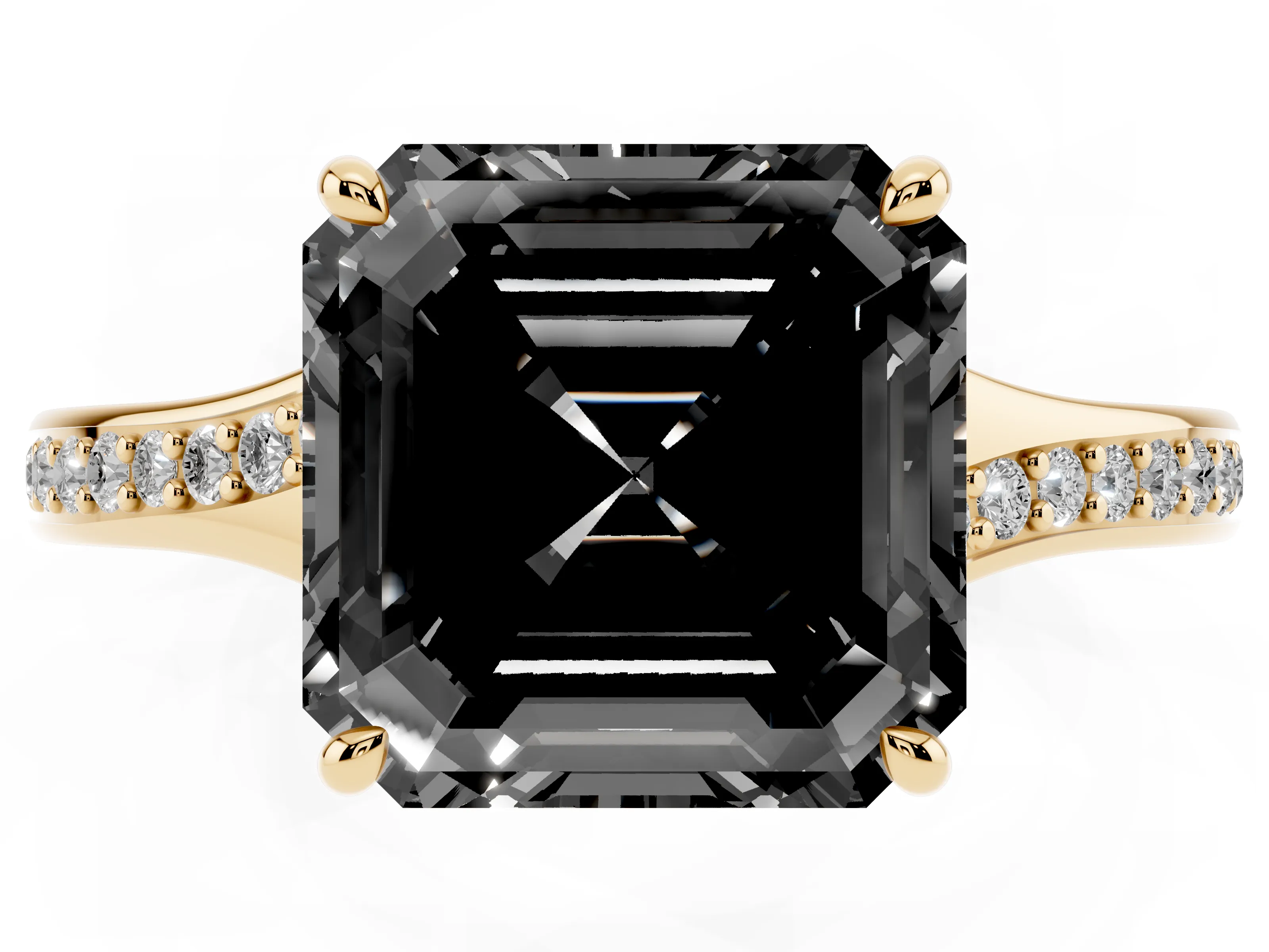 Fancy Black Asscher Cut Diamond Solitaire Ring Set in Yellow gold with Pavé Accent Band and Classic Prong Setting