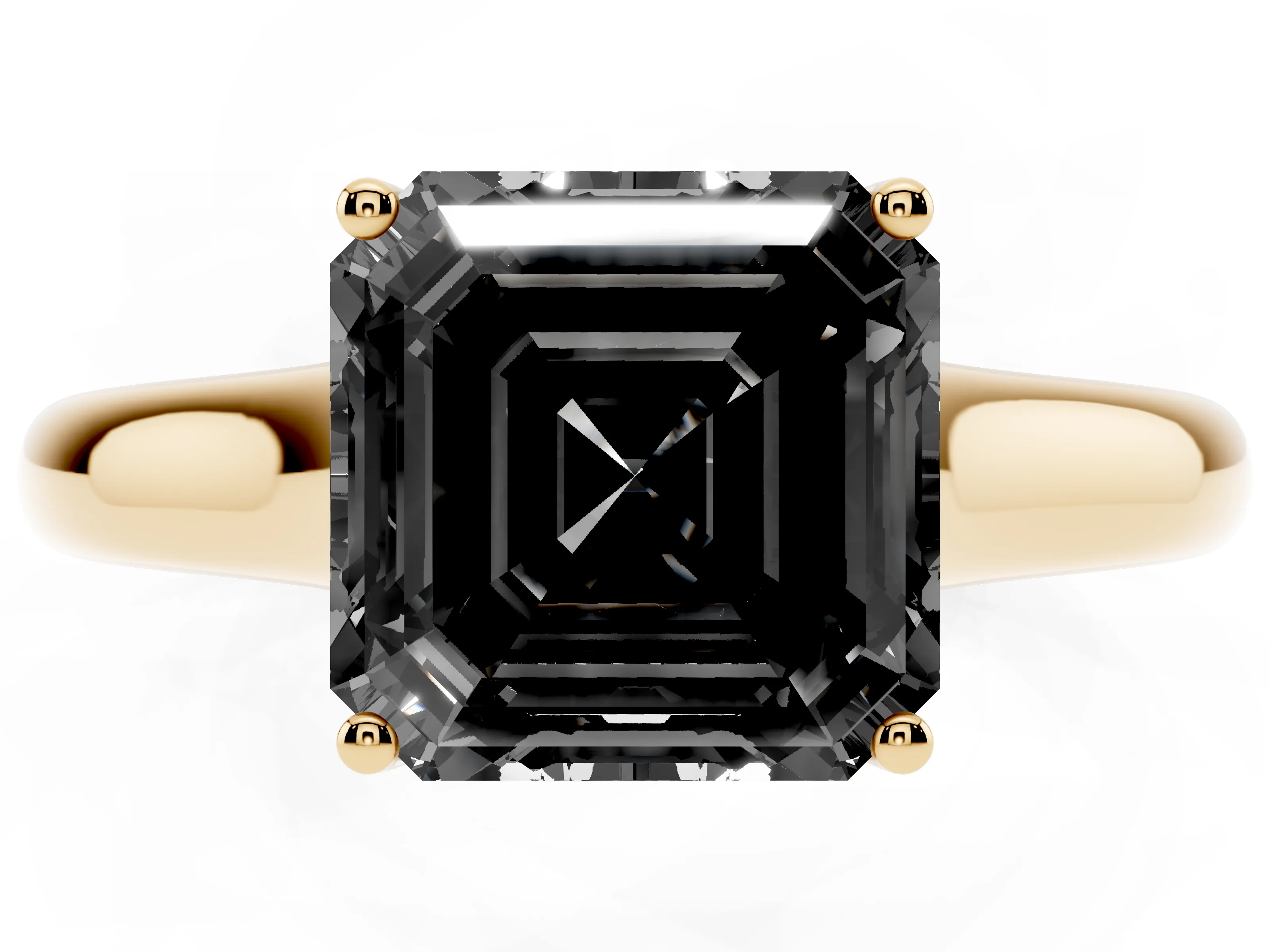 Fancy Black Asscher Cut Diamond Solitaire Engagement Ring Set in Yellow gold with Subtly Tapered Band and Prong Setting