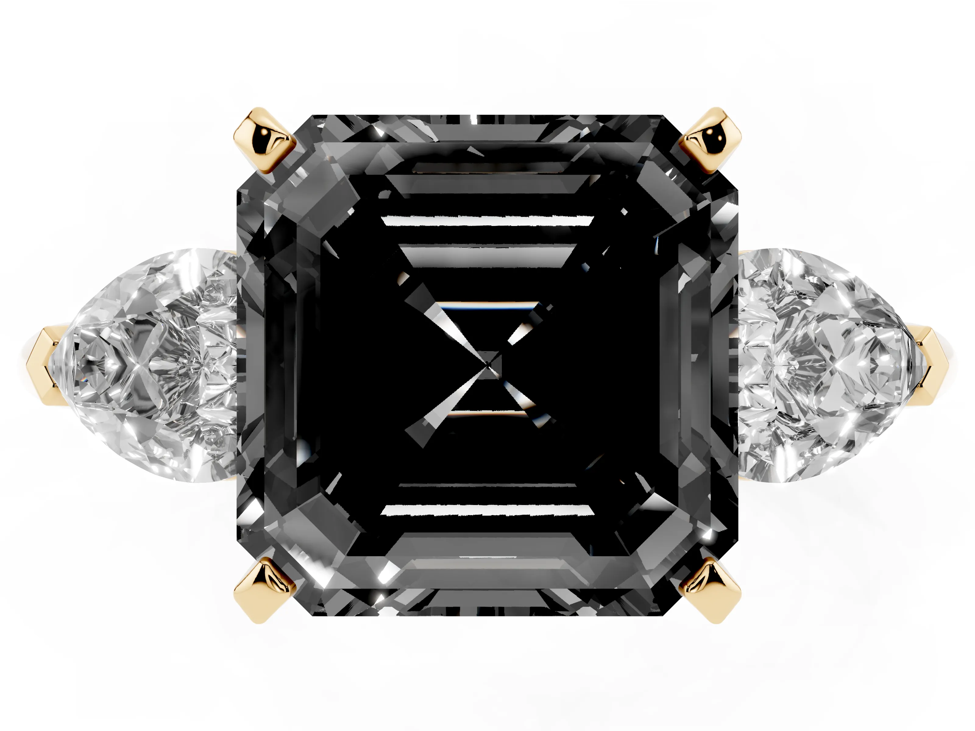 Fancy Black Three-Stone Asscher Cut Diamond Ring Set in Yellow gold with Pear Side Stones and Prong Setting