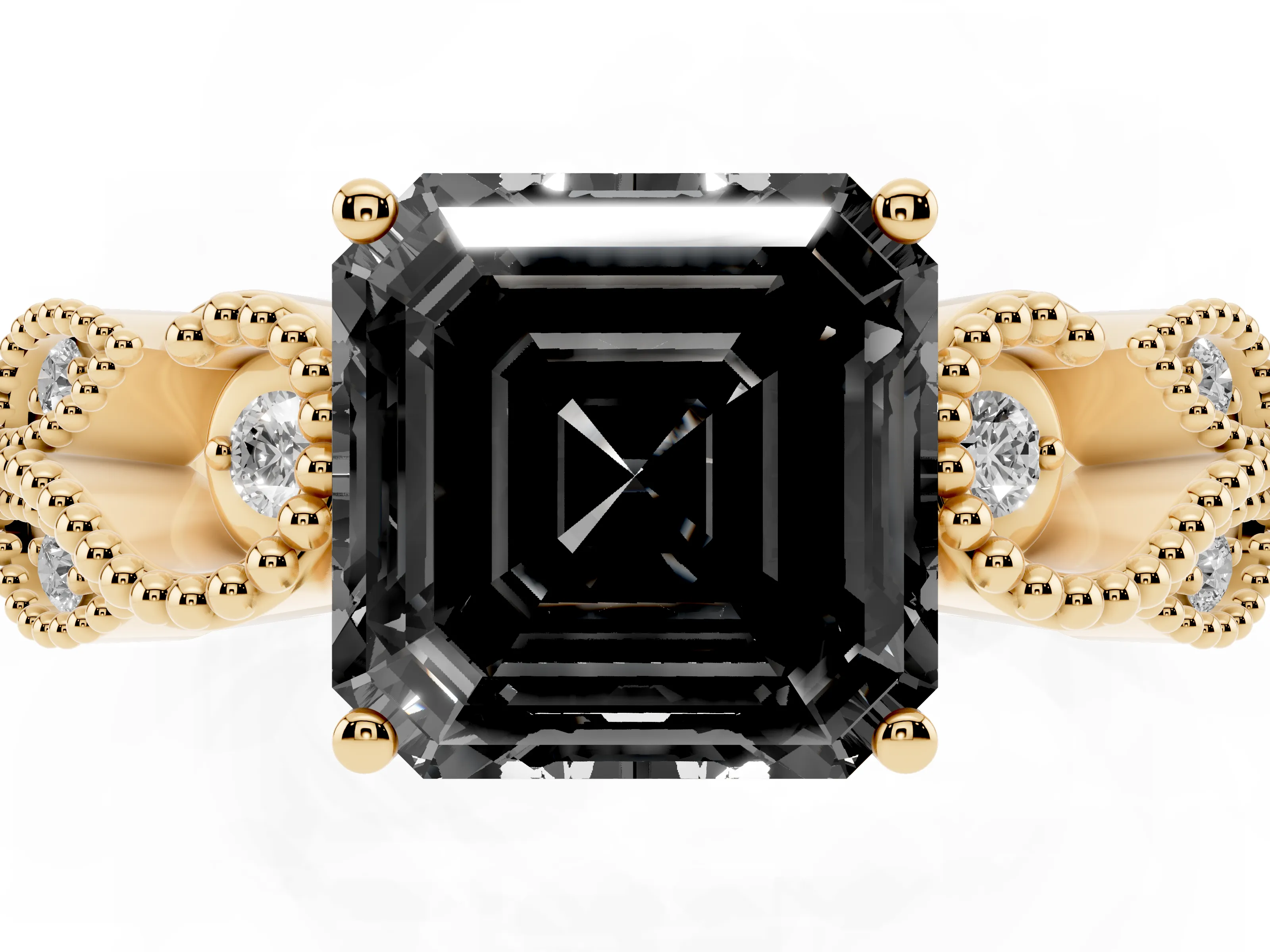 Fancy Black Asscher Cut Diamond Milgrain Leaf Band Solitaire Ring Set in Yellow gold with Accent Stones and Prong Setting