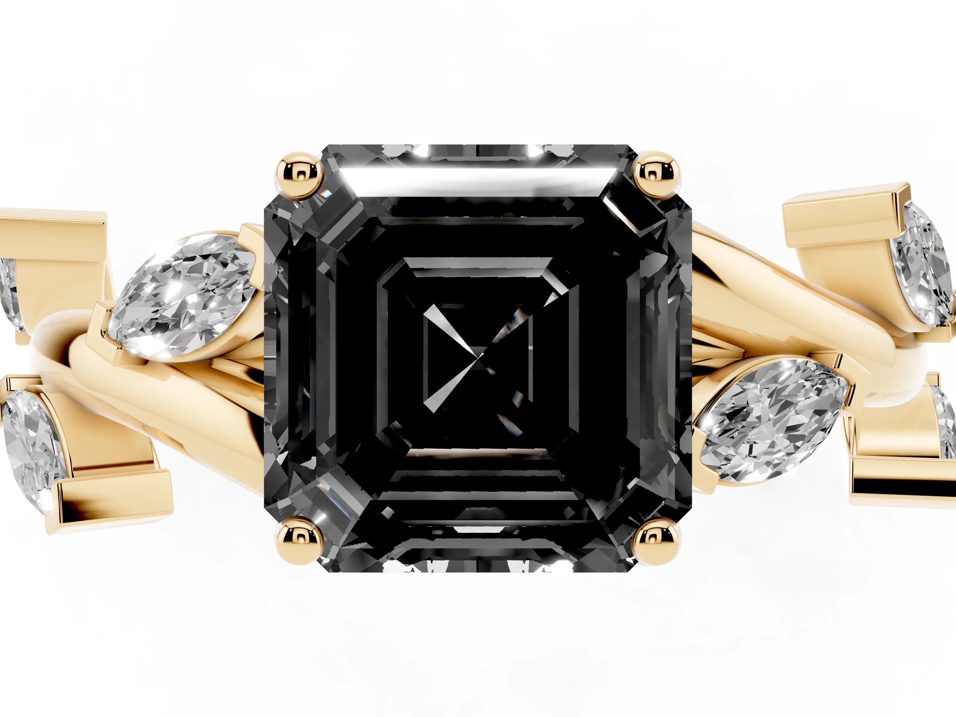 Fancy Black Asscher Cut Diamond Solitaire Ring Set in Yellow gold with Twisted Marquise Accent Band