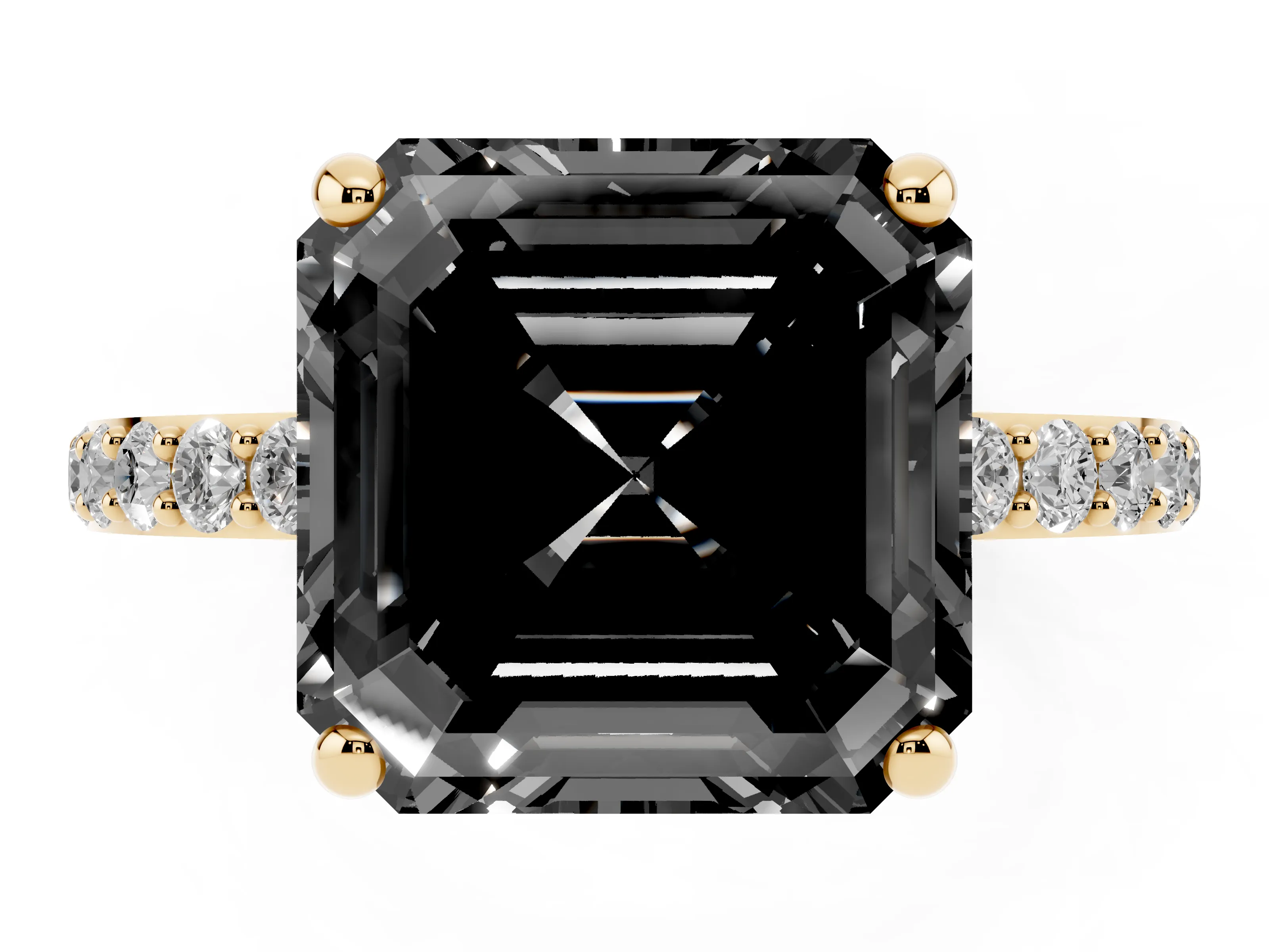 Fancy Black Asscher Cut Diamond Solitaire Ring Set in Yellow gold with Round Pavé Band and Prong Setting