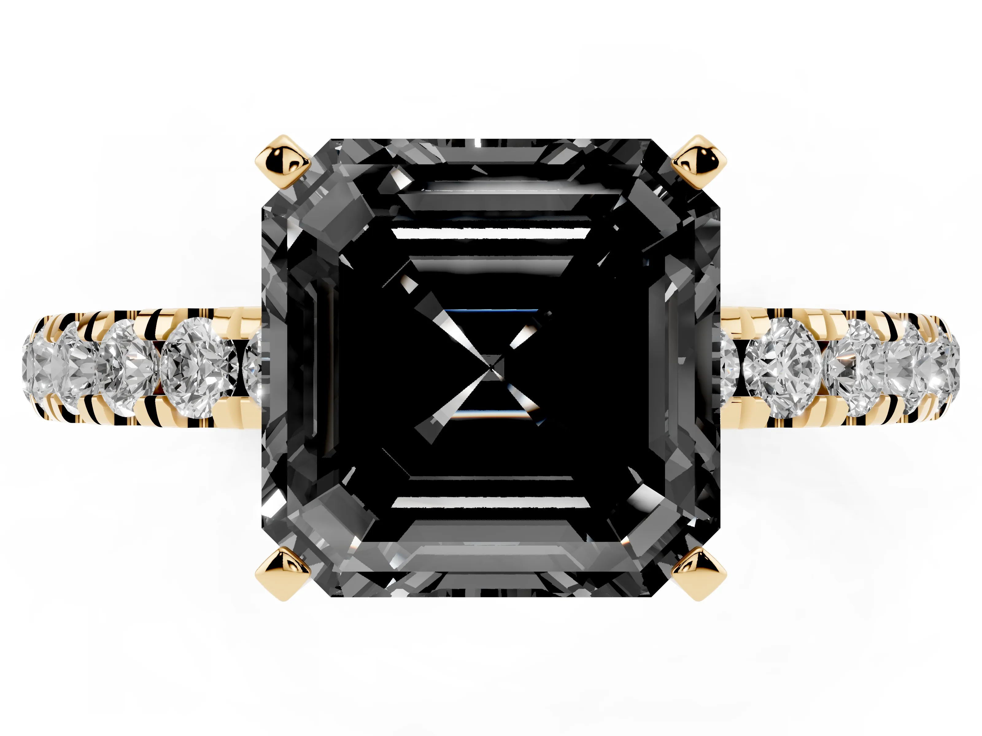 Fancy Black Asscher Cut Diamond Solitaire Ring Set in Yellow gold with Pavé Accents and Prong Setting