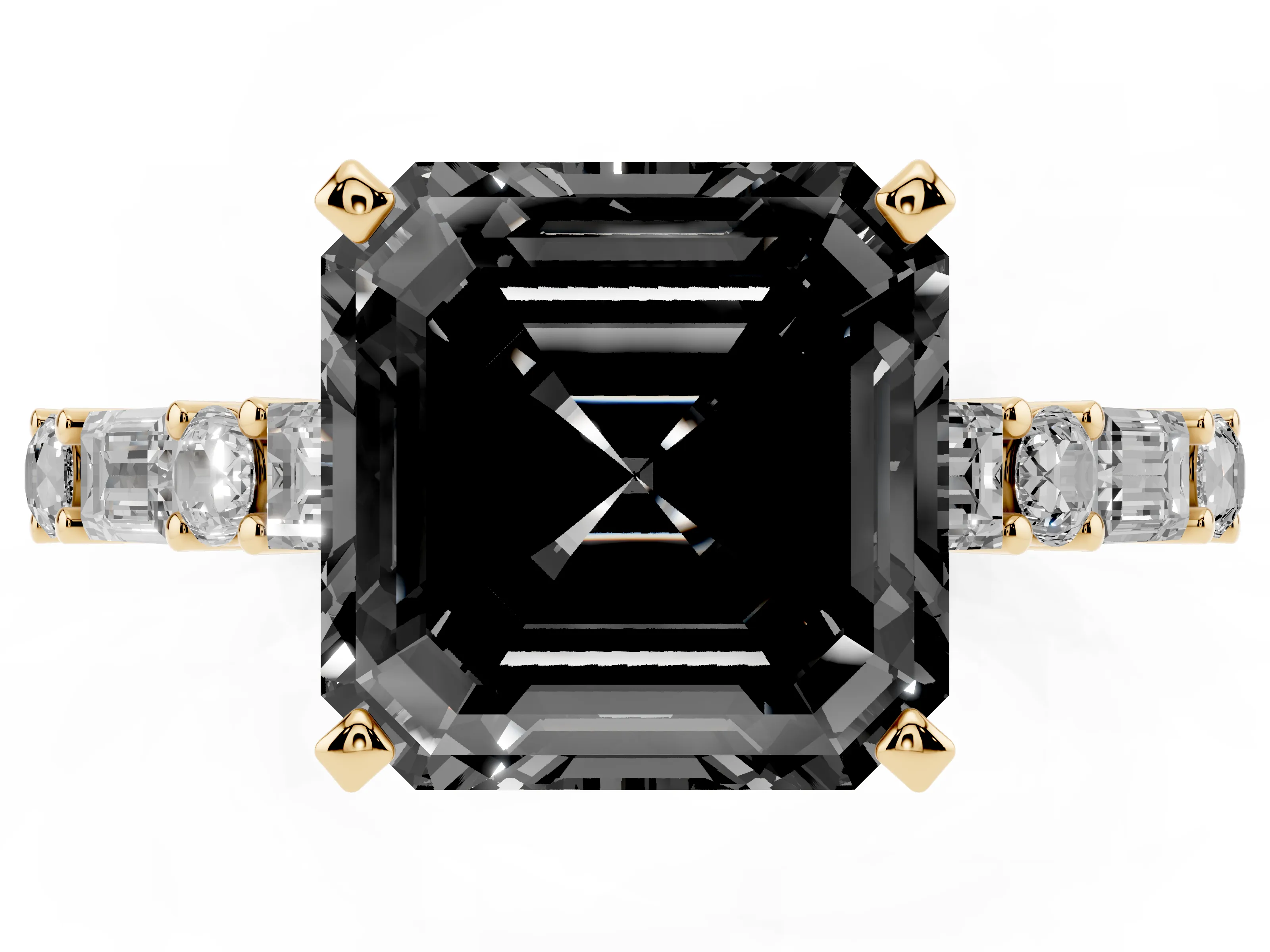 Fancy Black Asscher Cut Diamond Solitaire Set in Yellow gold with Side Baguettes and Channel Set Band